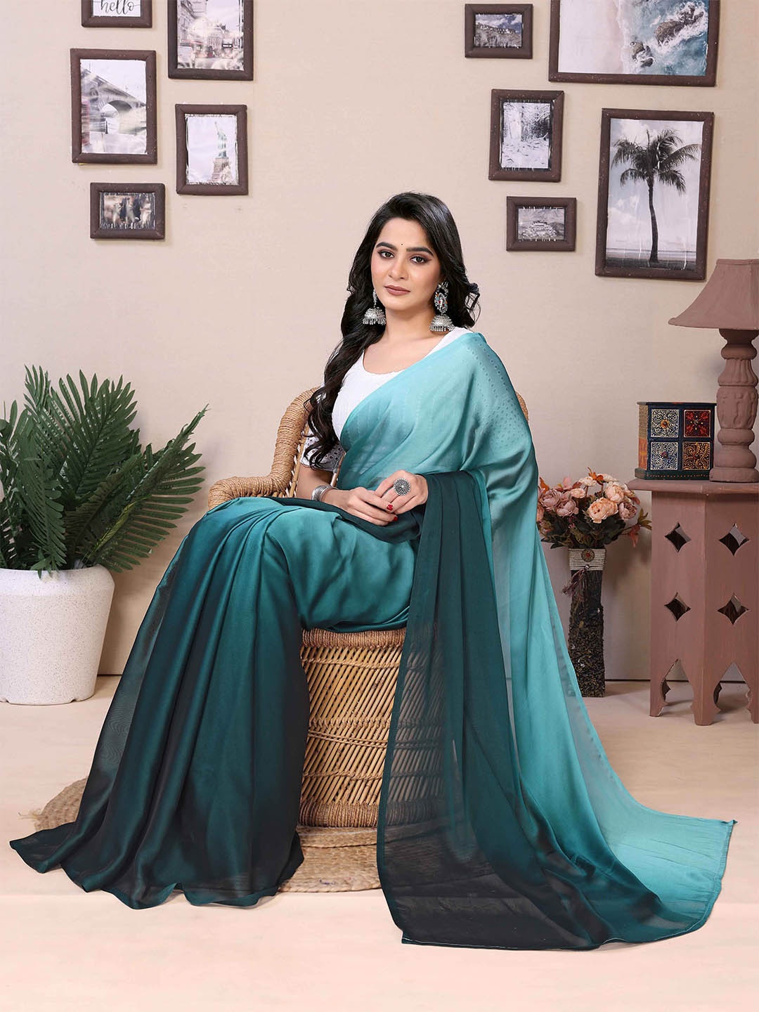 

Rhey Ombre Dyed Ready to Wear Saree, Turquoise blue