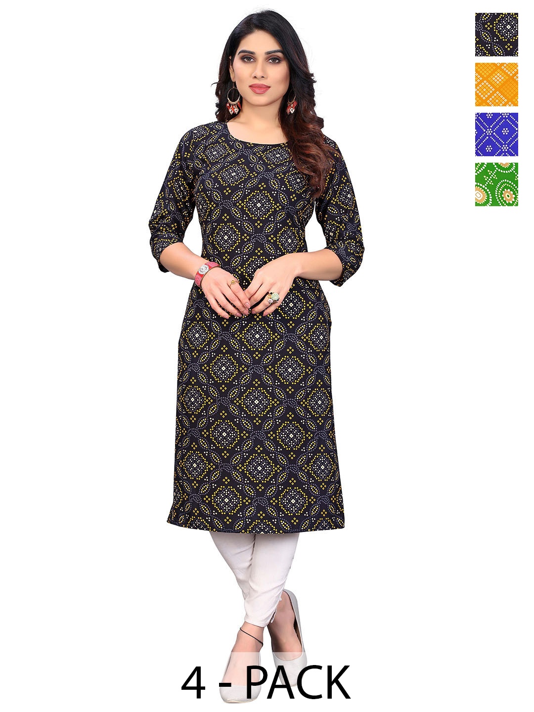 

KETAKI FASHION Selection Of 4 Geometric Printed Round Neck Straight Kurta, Black