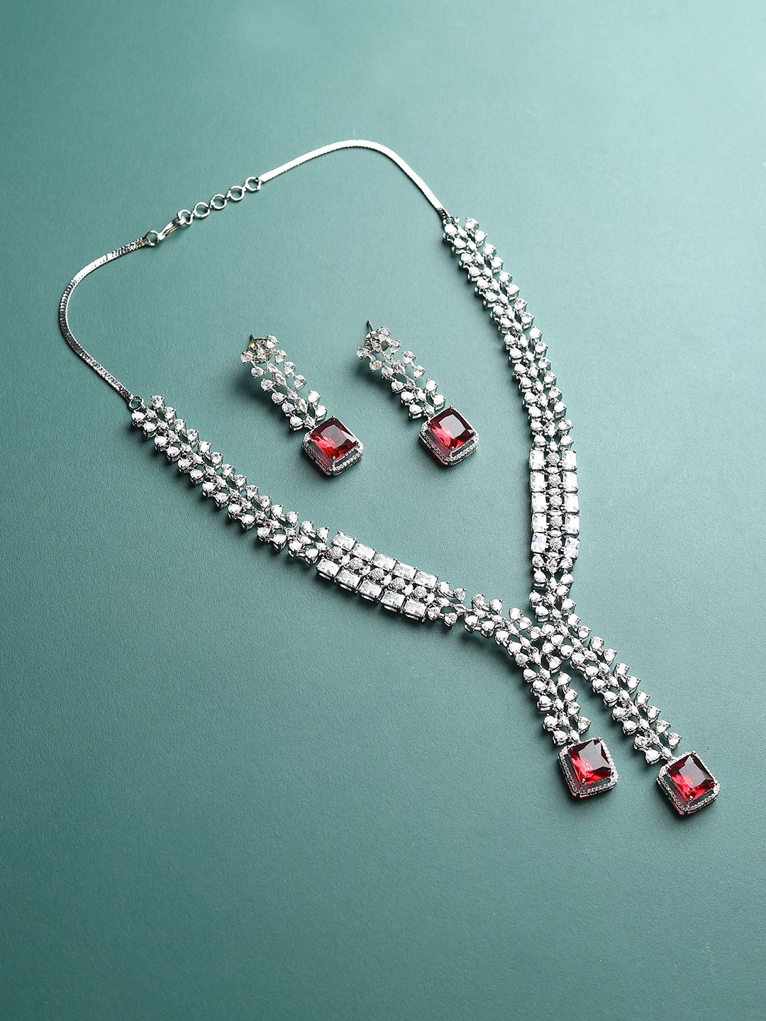 

RHOSYN Rhodium-Plated American Diamond Stone-Studded Jewellery Set, Silver