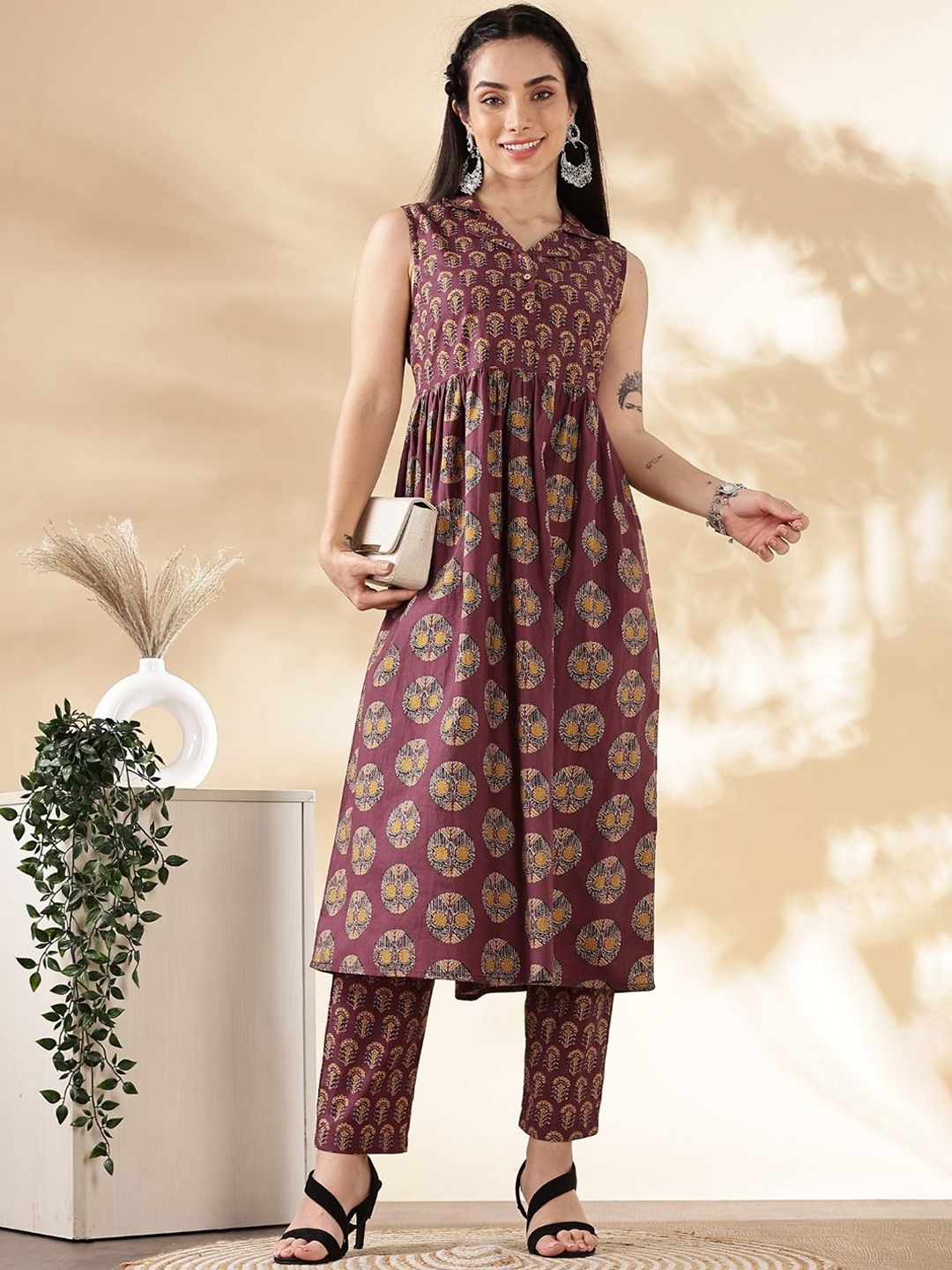 

Anouk Brown Ethnic Motifs Printed Pure Cotton Shirt Collar Kurta With Trouser