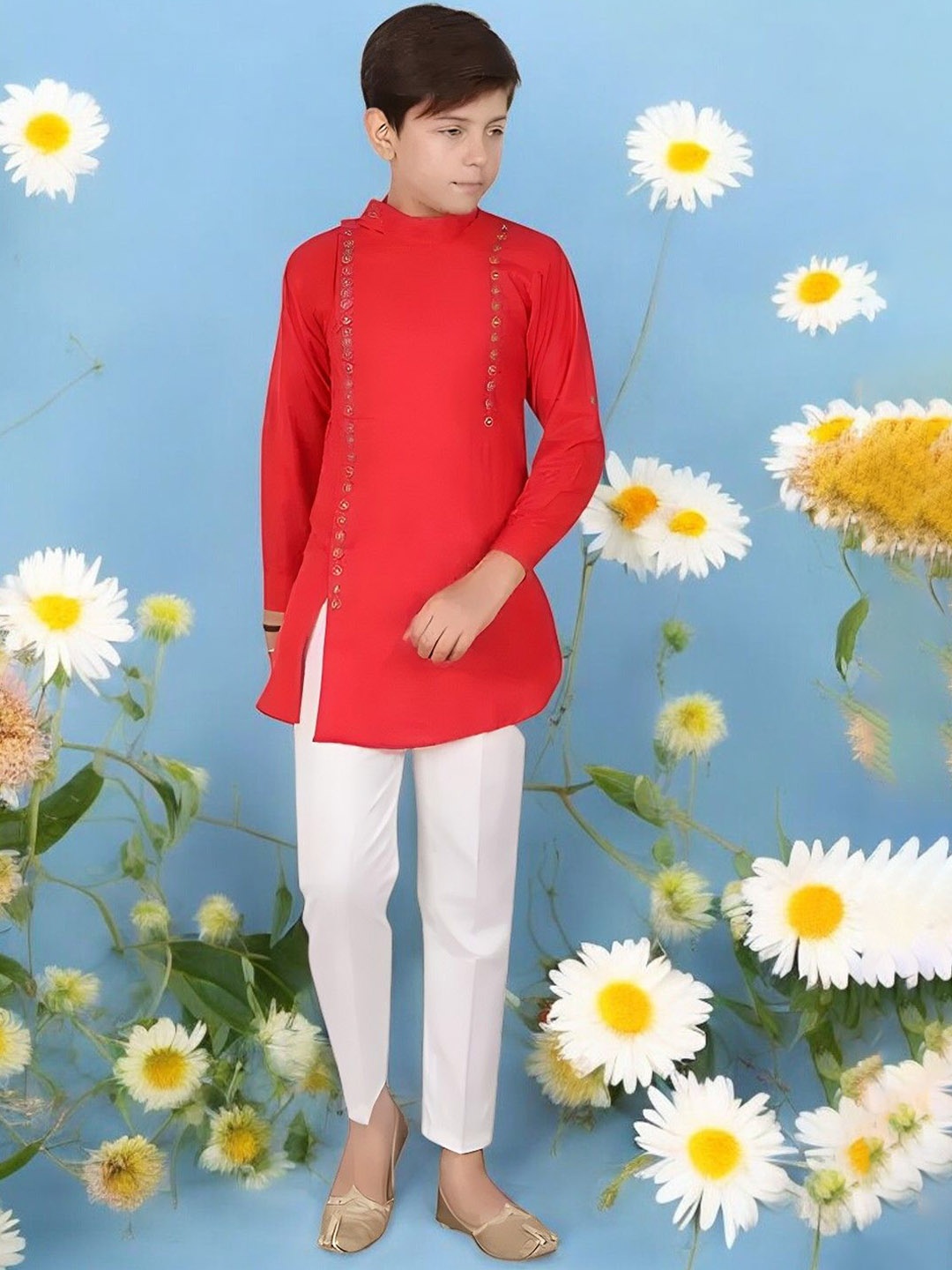 

Qtsy Boys Band Collar Pure Cotton Straight Kurta With Pyjamas, Red