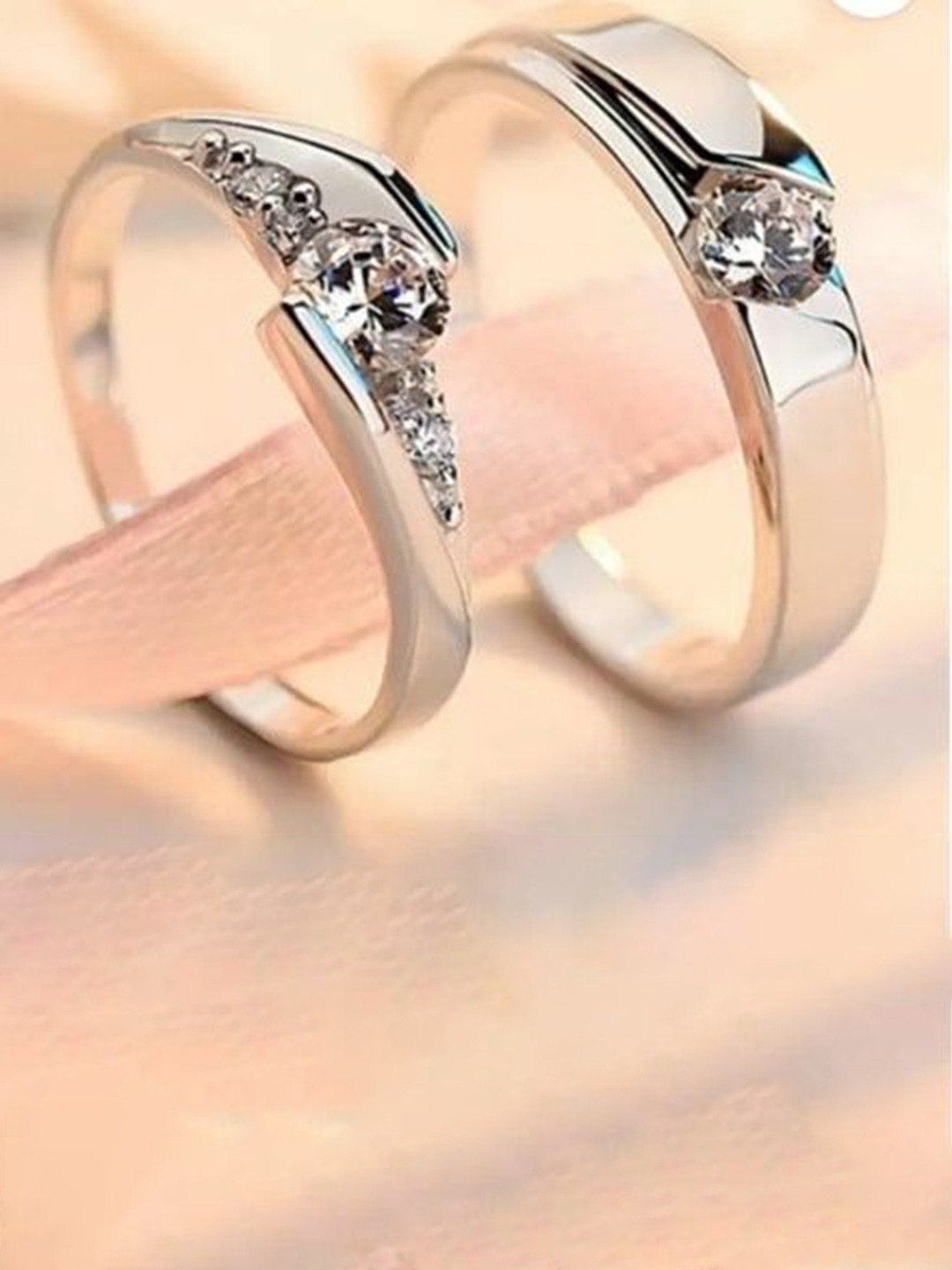 

Omaya Jewels Set Of 2 Silver-Plated Artificial Stone-Studded Couple Finger Rings, Steel