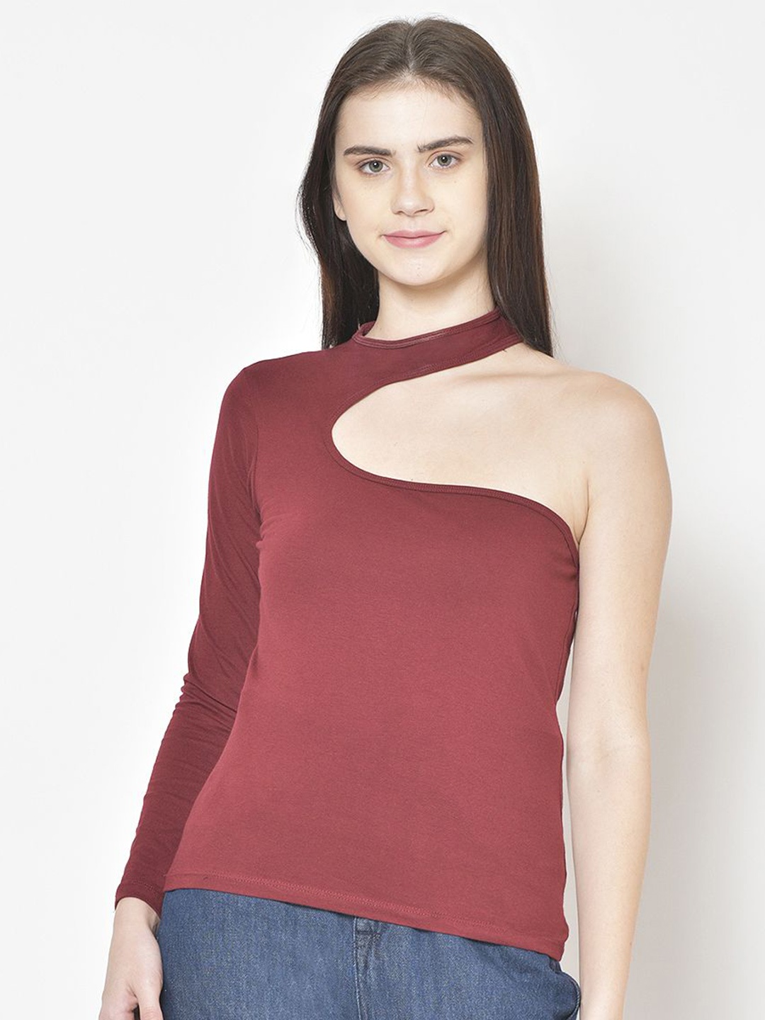 

Moda Rapido Solid One Shoulder Cotton Top, Maroon
