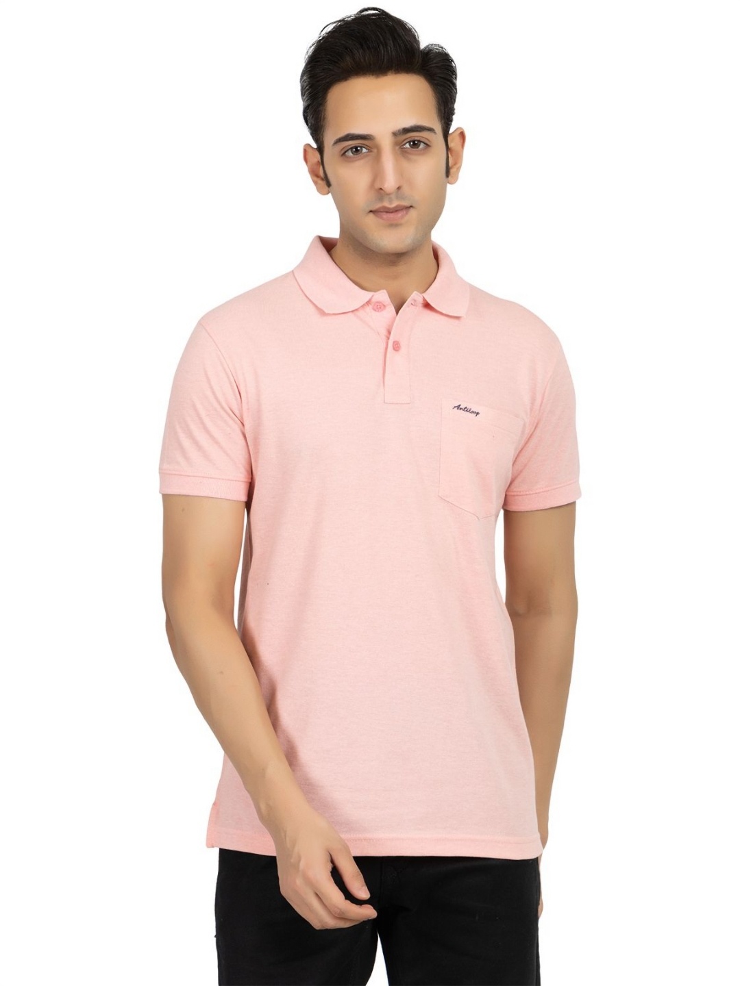 

Antiloop Men Solid Polo Collar Cotton T-shirt, Pink