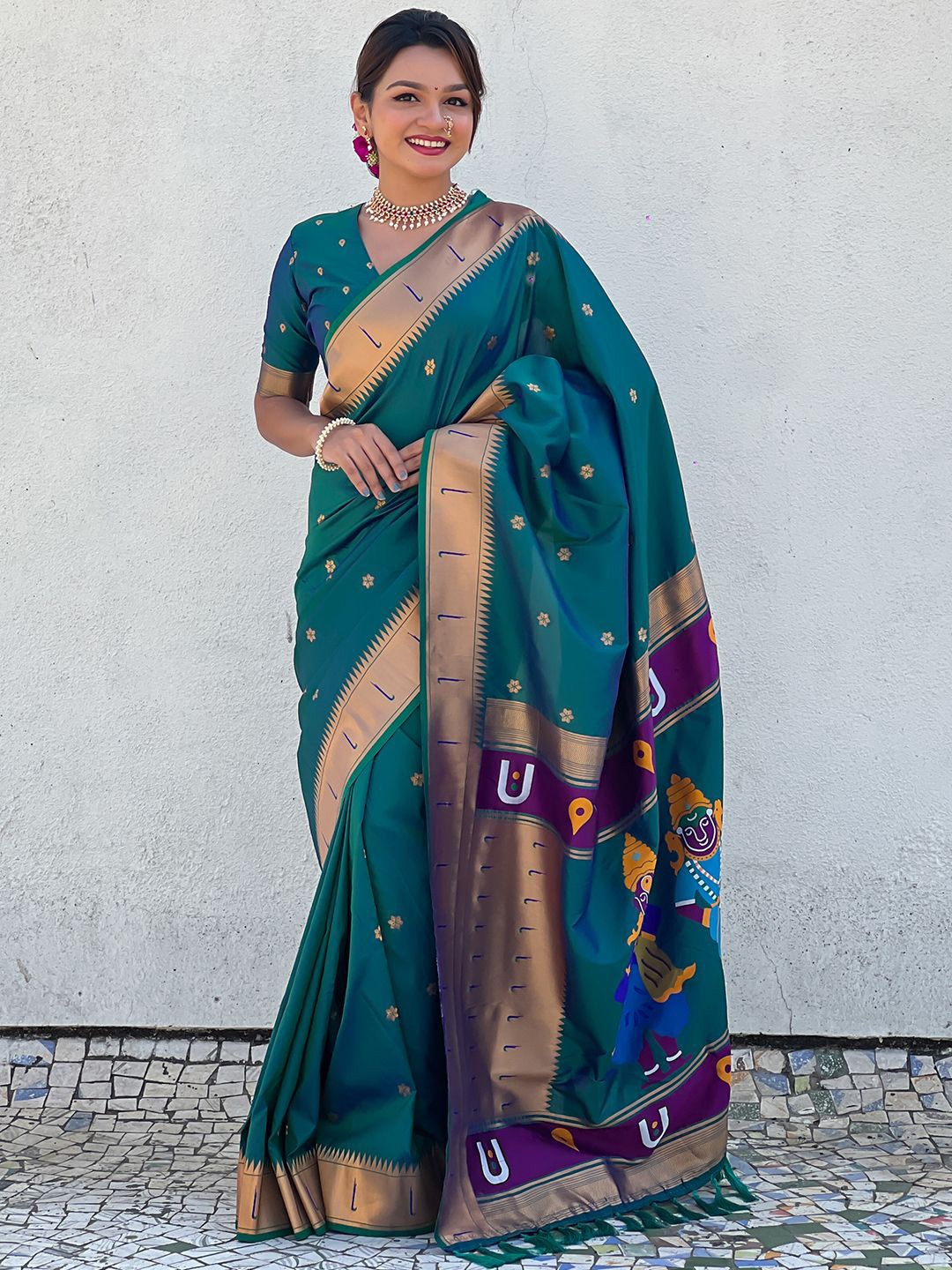 

LeeliPeeri Designer Woven Design Zari Paithani Saree, Teal