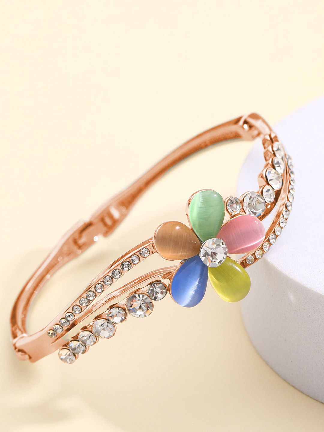 

Shining Diva Fashion Rose Gold-Plated Crystals And Stones Studded Bangle-Style Bracelet