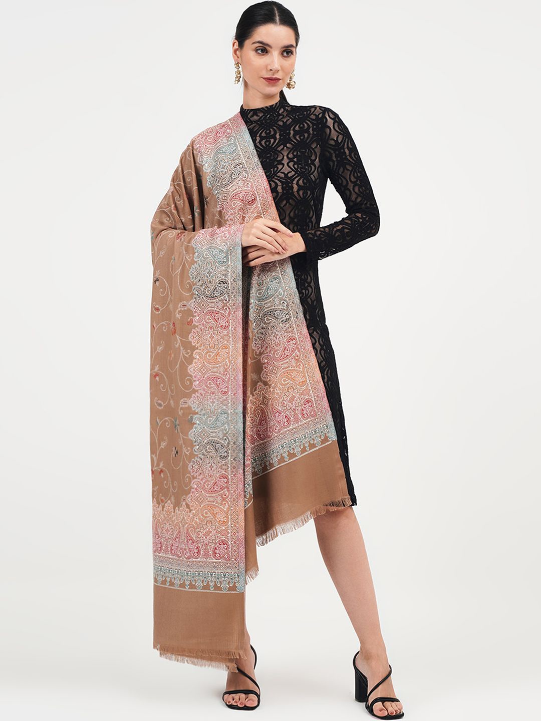 

PASHMAL INDIA PRIVATE LIMITED Floral Woven Design Woolen Shawl, Brown