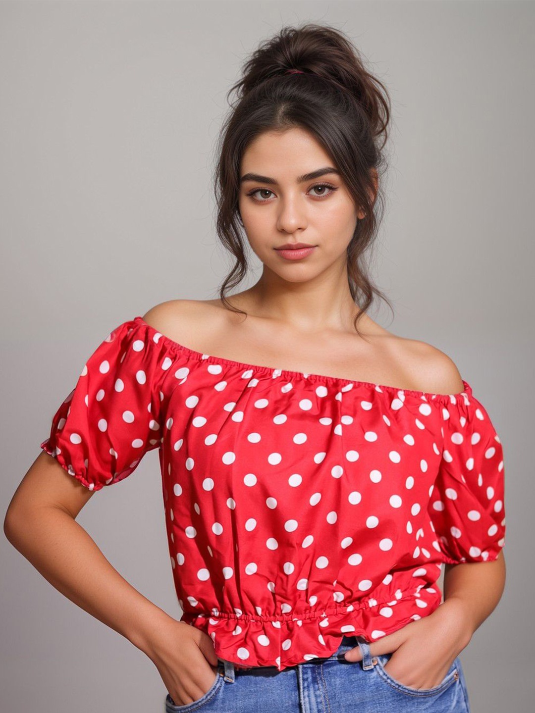 

Classy Hangers Women Polka Dots Printed Off-Shoulder Crop Top, Red