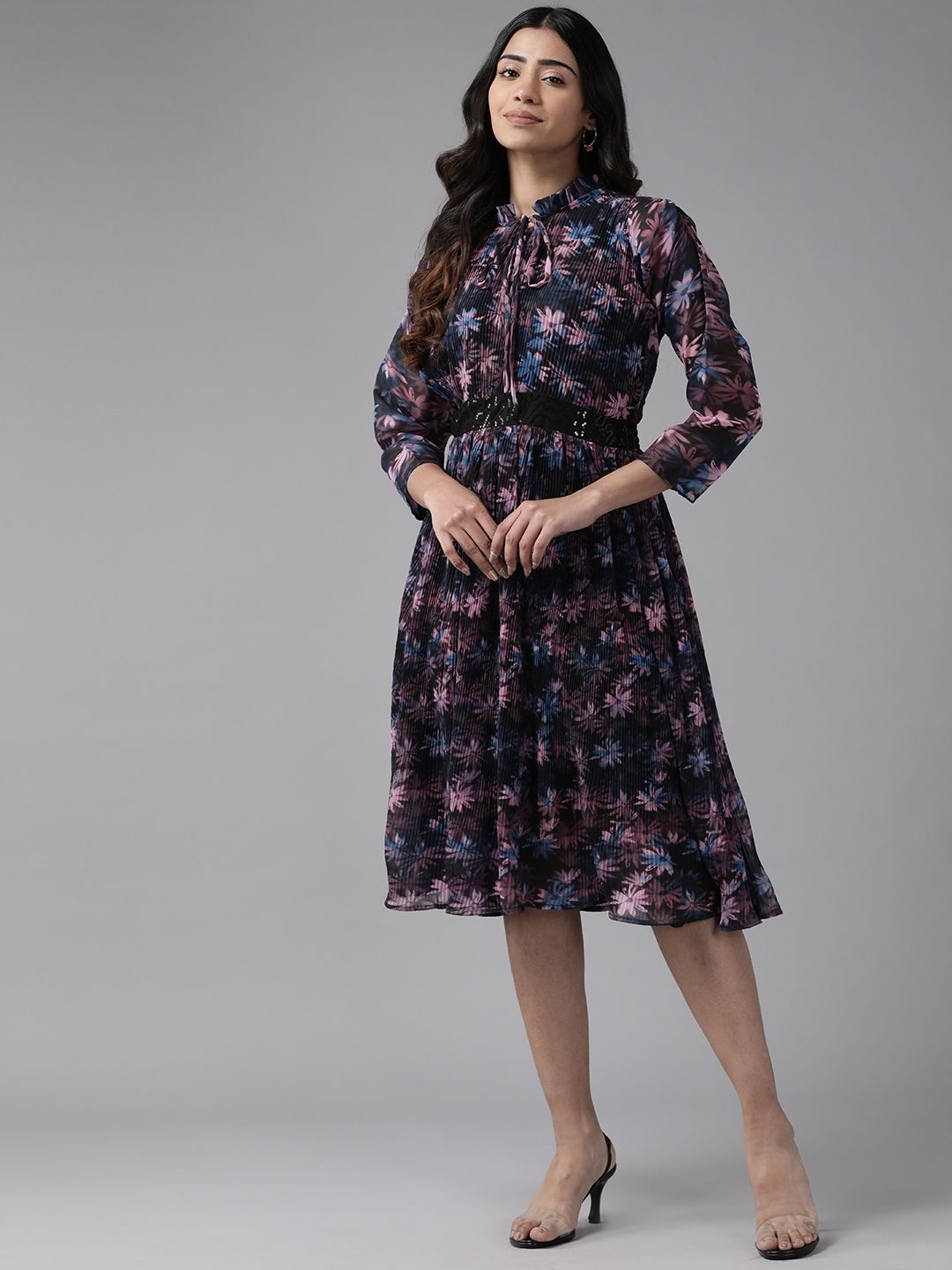

CORSICA Women Floral Printed Tie-Up Neck Fit & Flare Dress, Navy blue