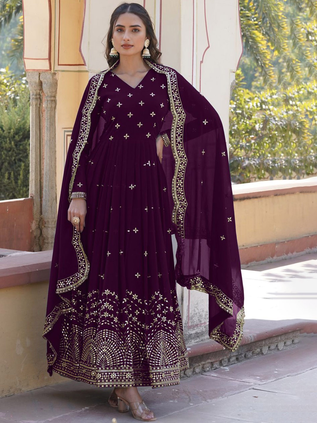 

KALINI Women Floral Embroidered Gown Ethnic Dresses With Dupatta, Purple