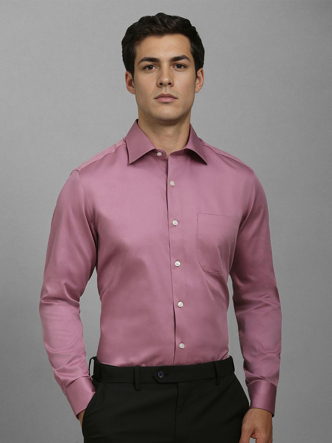 

Louis Philippe Men Slim Fit Spread Collar Solid Cotton Formal Shirt, Mauve