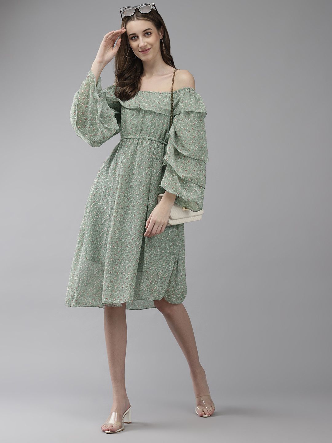 

CORSICA Women Off-Shoulder Flared Sleeve Georgette Fit and Flare Dress, Green