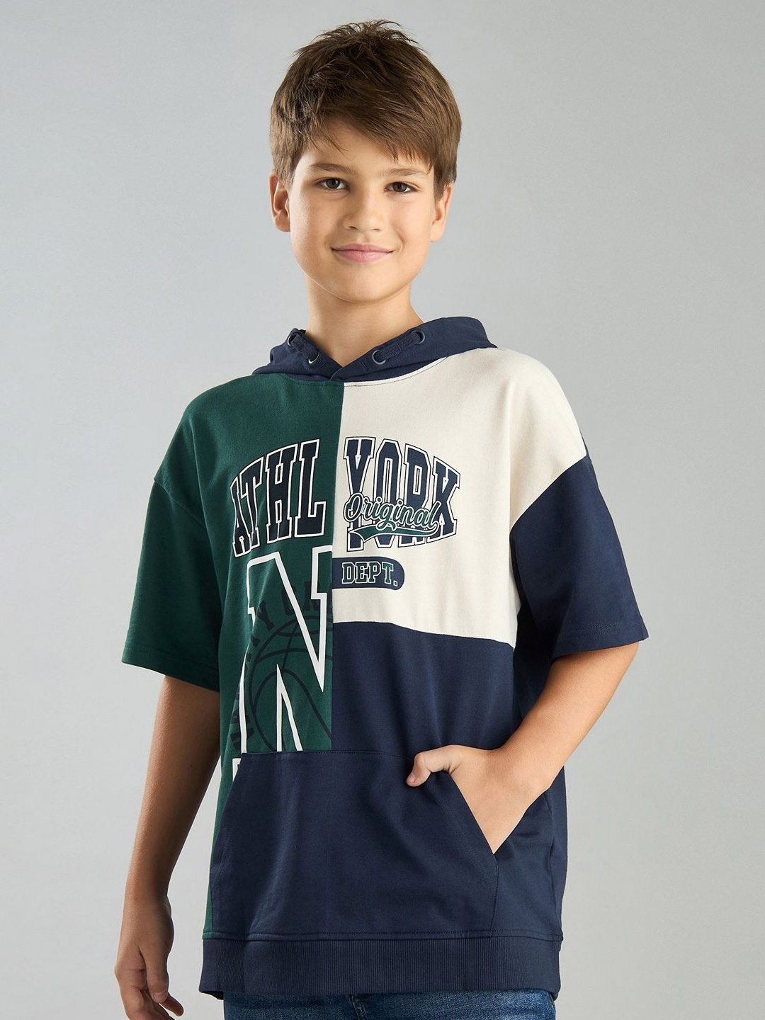

max Boys Varsity Printed Hooded Cotton Pullover Sweatshirt, Navy blue