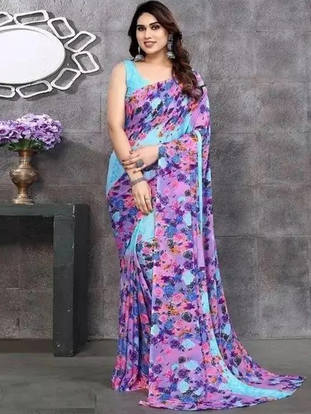 

Styleveda Floral Block Print Saree, Purple