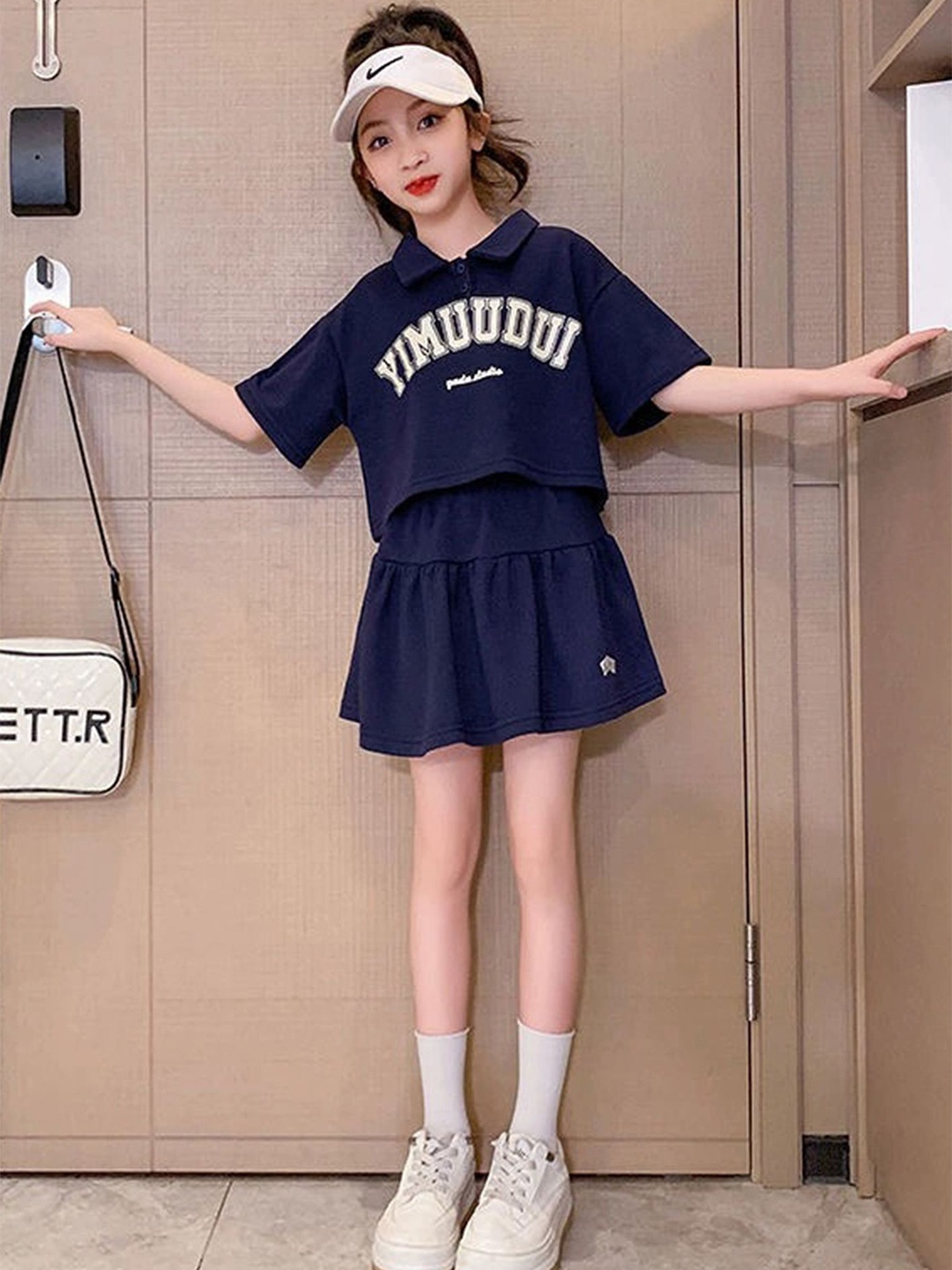 

LULU & SKY Girls Typographic Printed Polo Collar T-shirt With Skirt, Navy blue