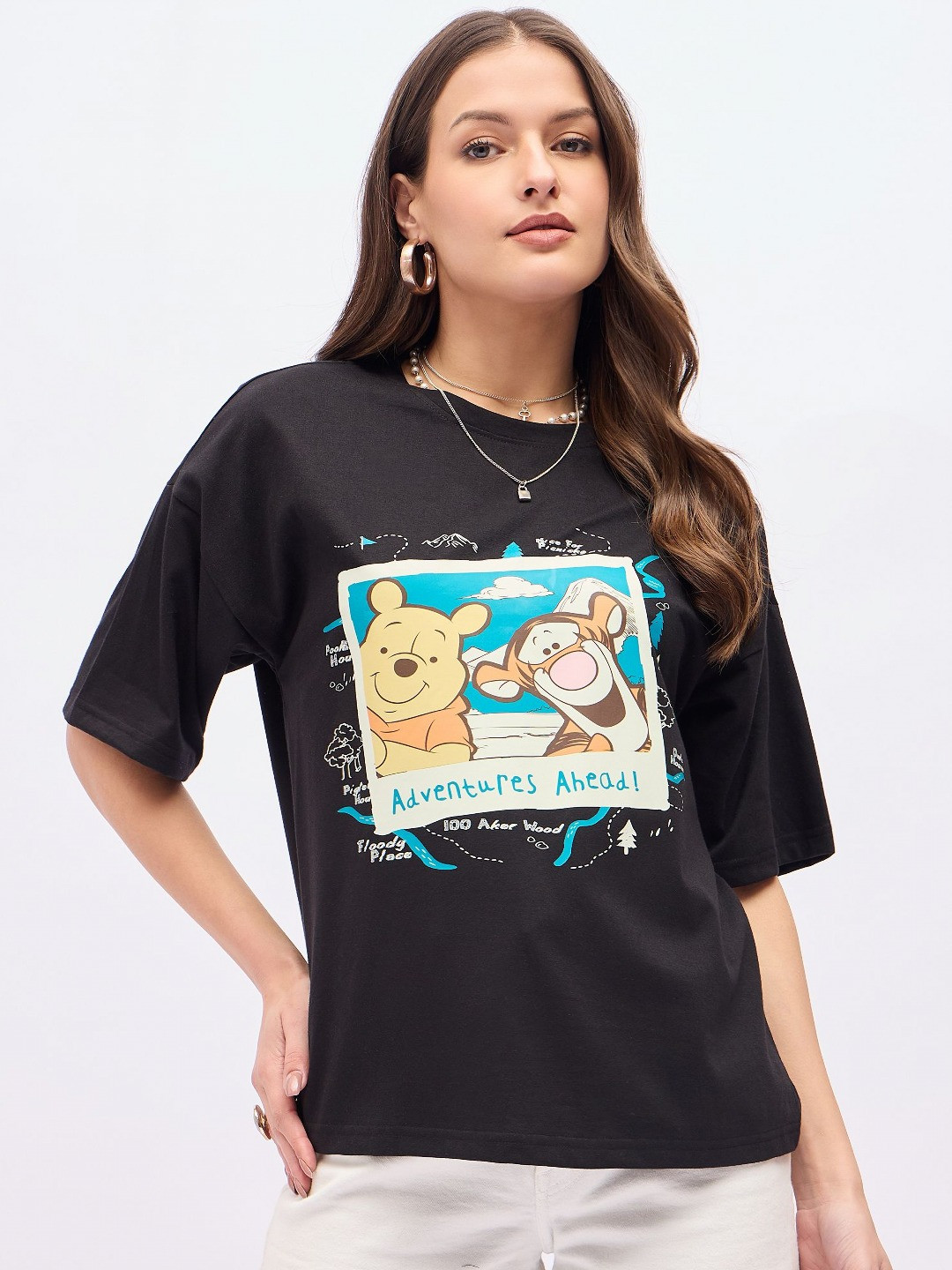 

DressBerry Women Winnie The Pooh Graphic Printed Round Neck Cotton Oversized T-shirt, Black