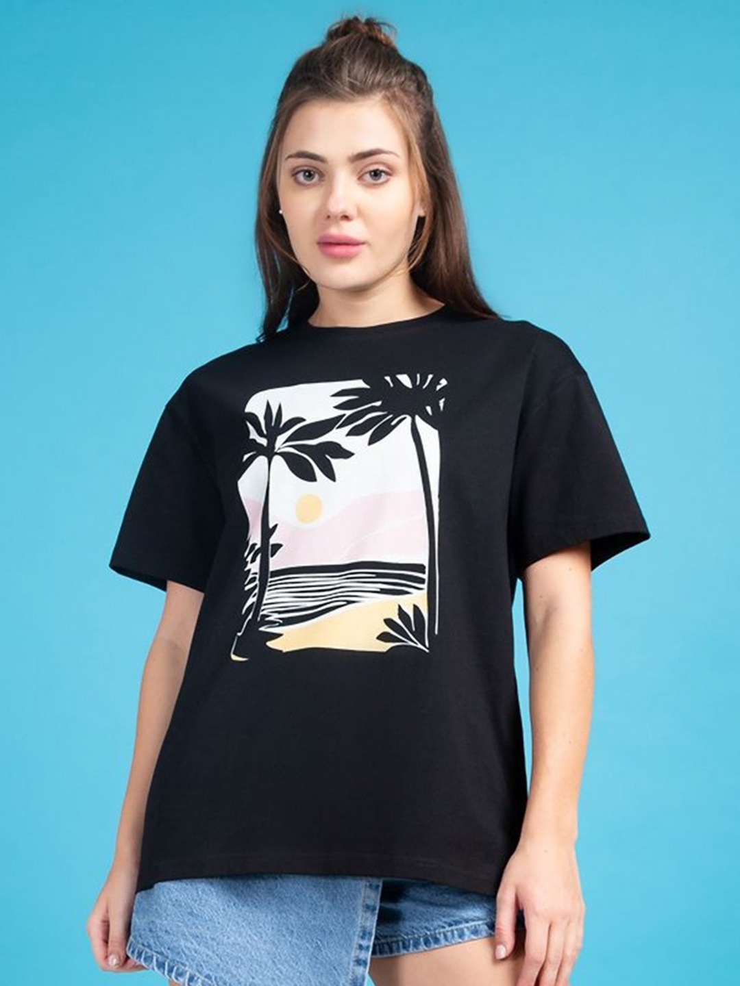 

Mast & Harbour Women Graphic Printed Round Neck Cotton Oversized T-shirt, Black