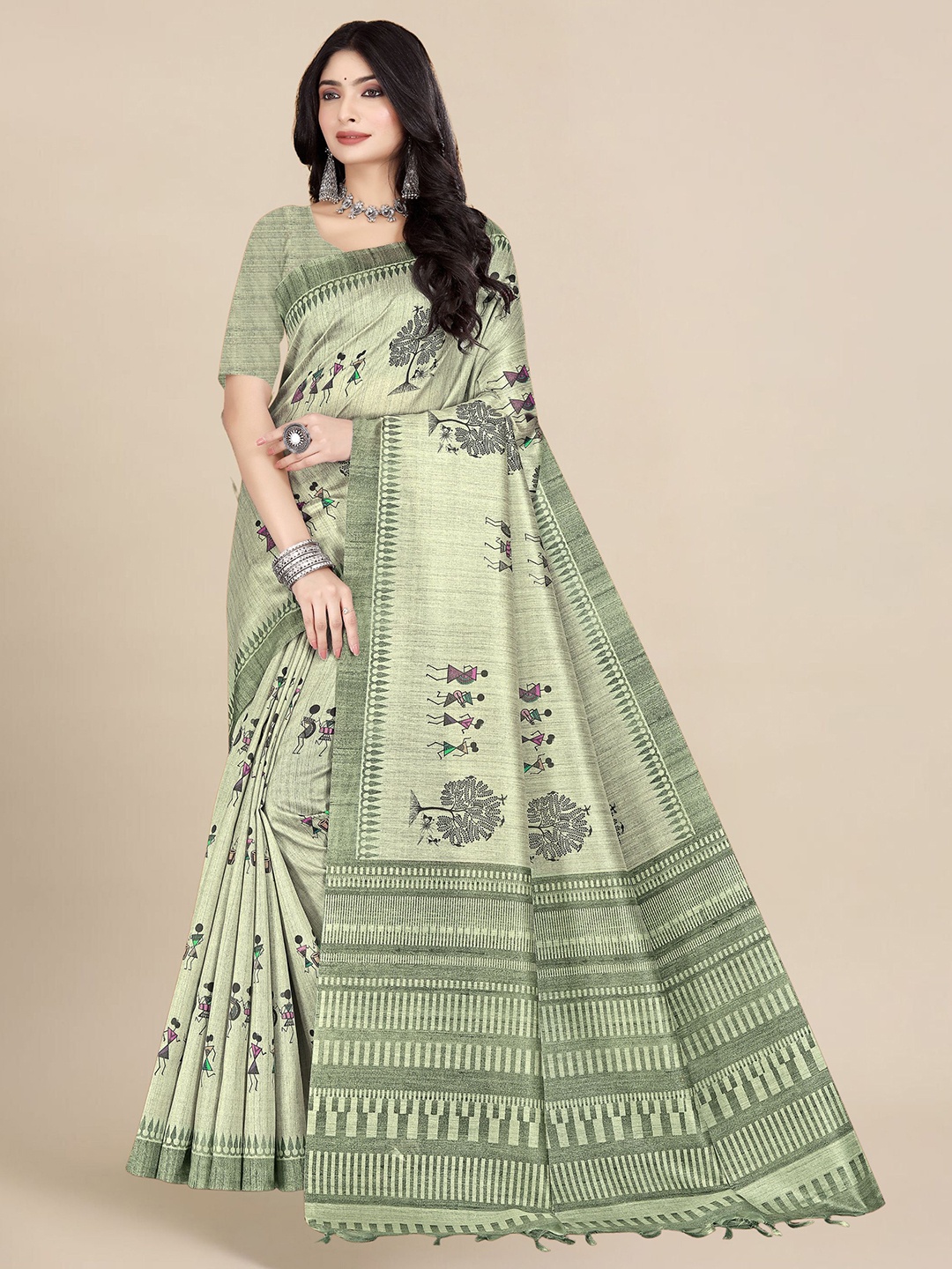 

WEAREZEE Warli Tussar Saree, Green