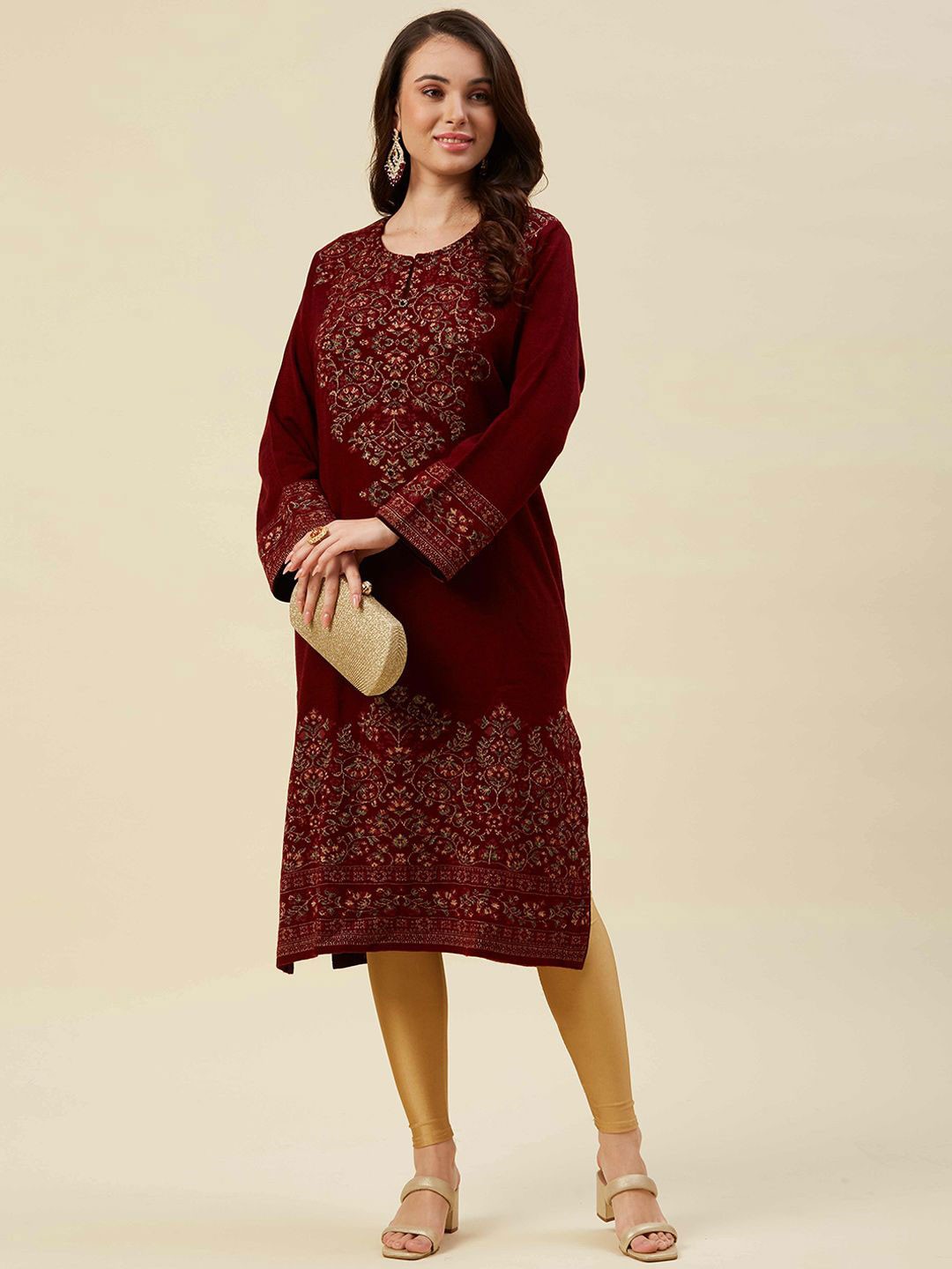 

Peachmode Woven Design Woollen Straight Kurta, Maroon