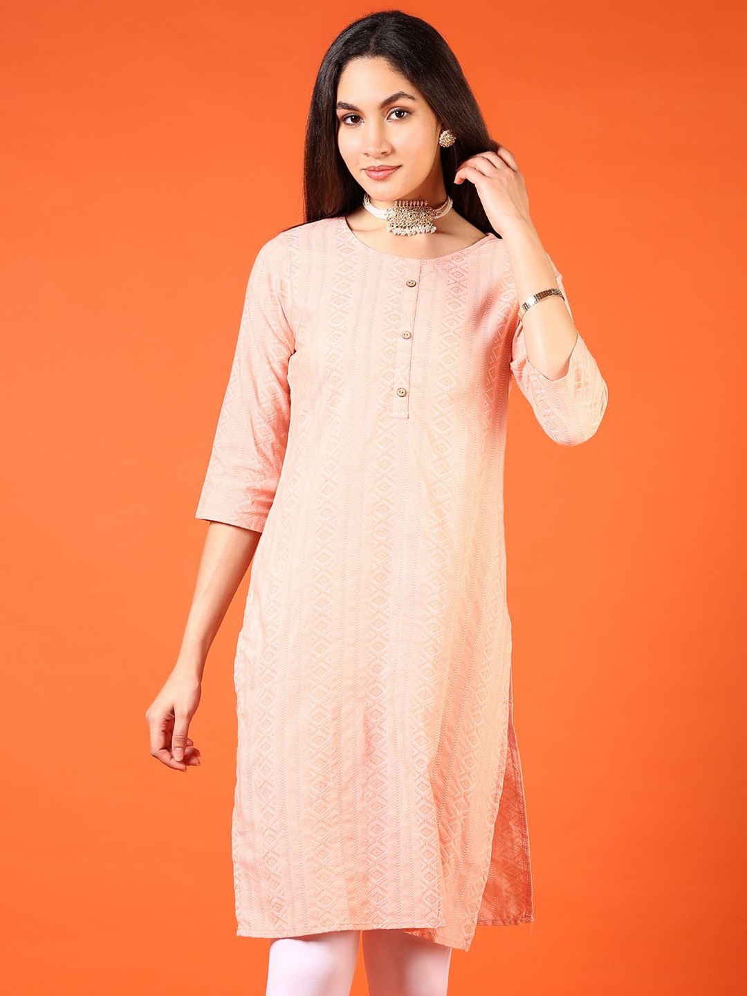 

V-Mart Geometric Woven Design Round Neck Straight Kurta, Peach