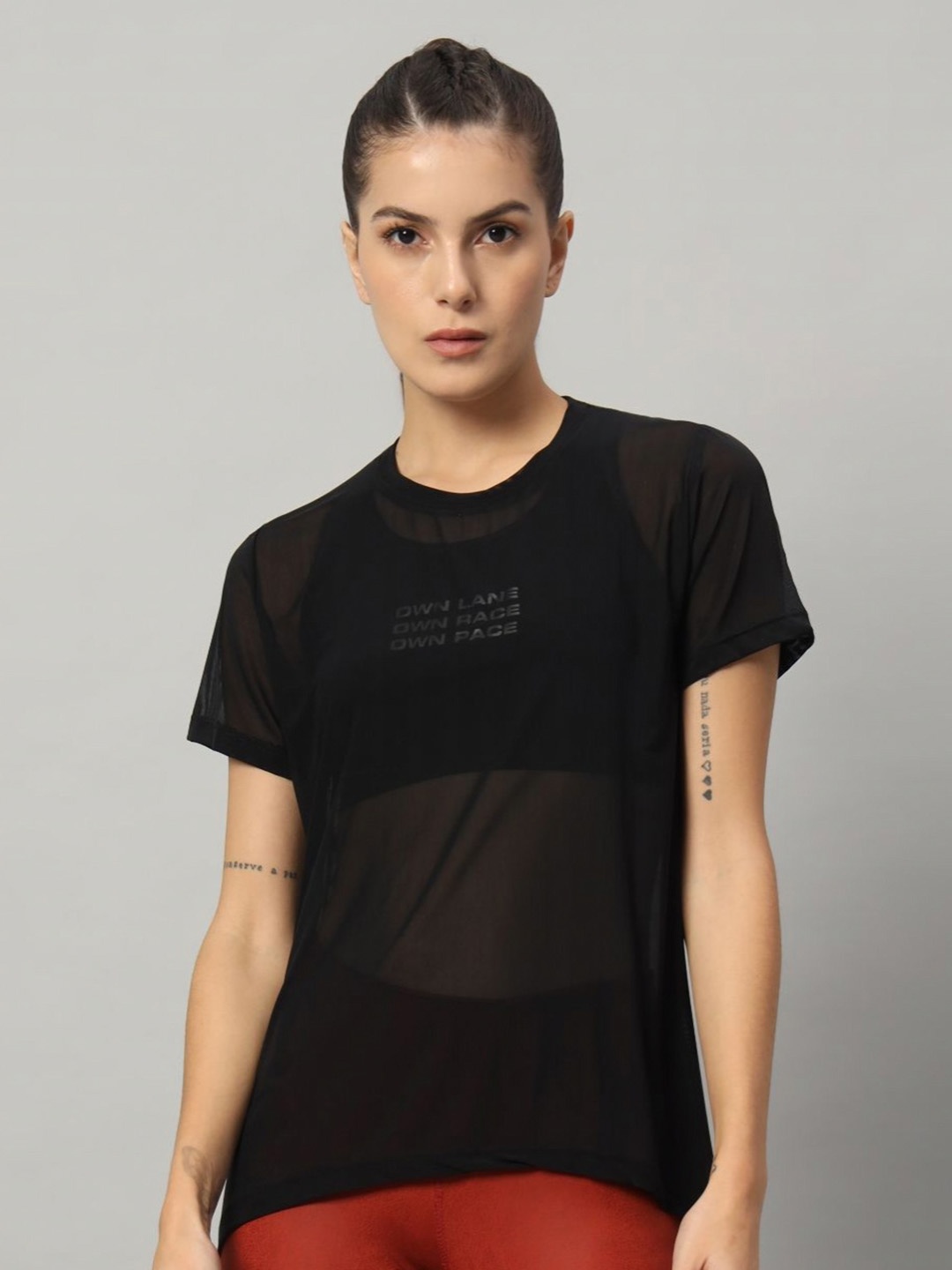 

MKH Women Dri-FIT Typography Printed Round Neck T-shirt, Black