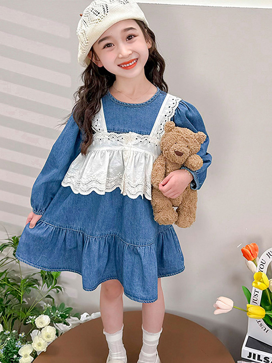 

LULU & SKY Girls Puff Sleeves Gathered Fit and Flare Dress With Top, Blue