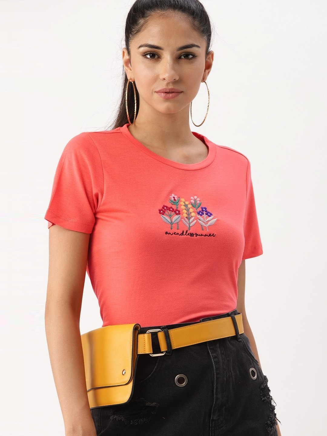 

DressBerry Women Floral Printed Round Neck T-shirt, Coral