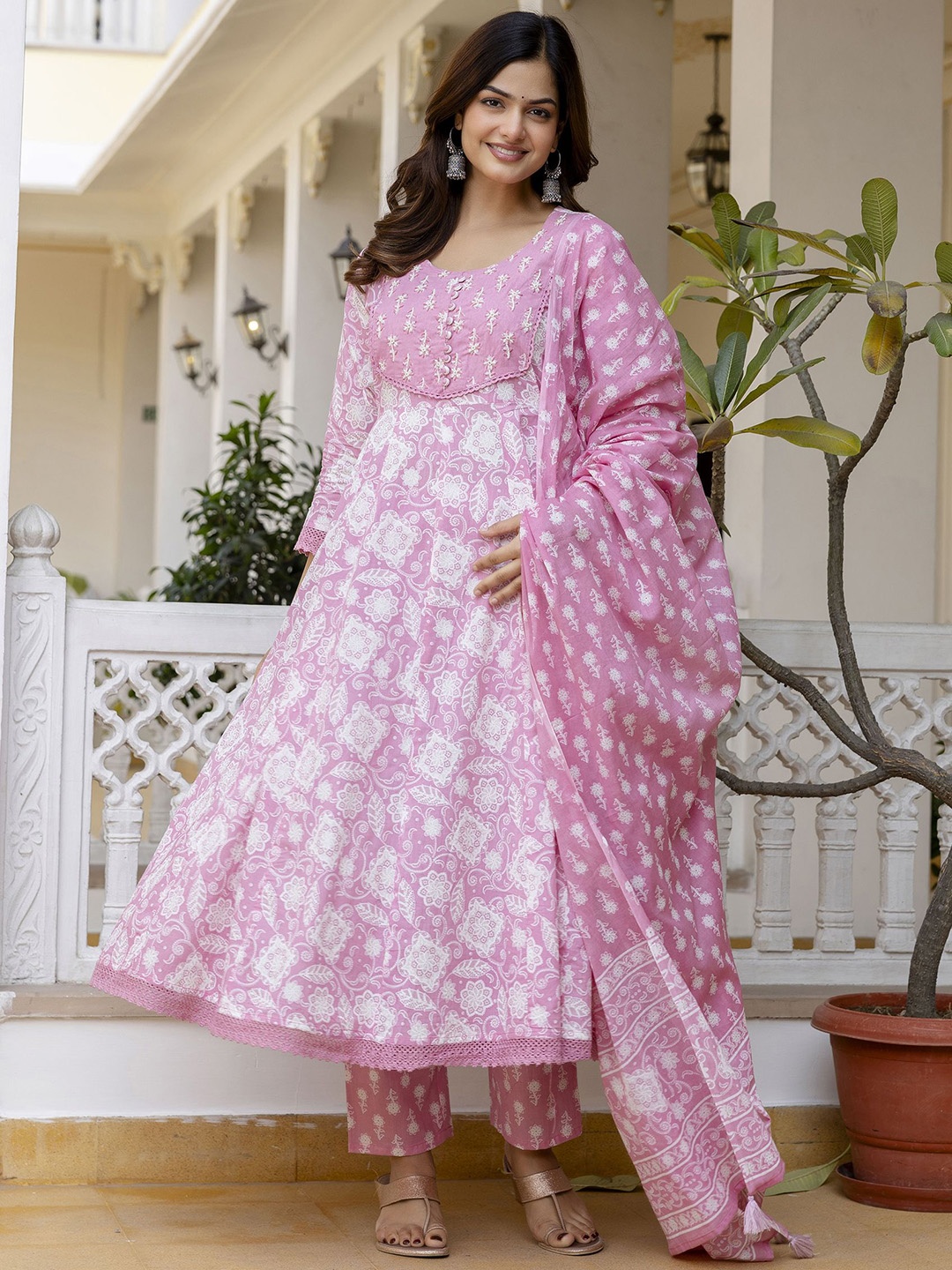 

Anouk Women Floral Yoke Design Empire Beads and Stones Pure Cotton Kurta with Trousers & With Dupatta, Pink