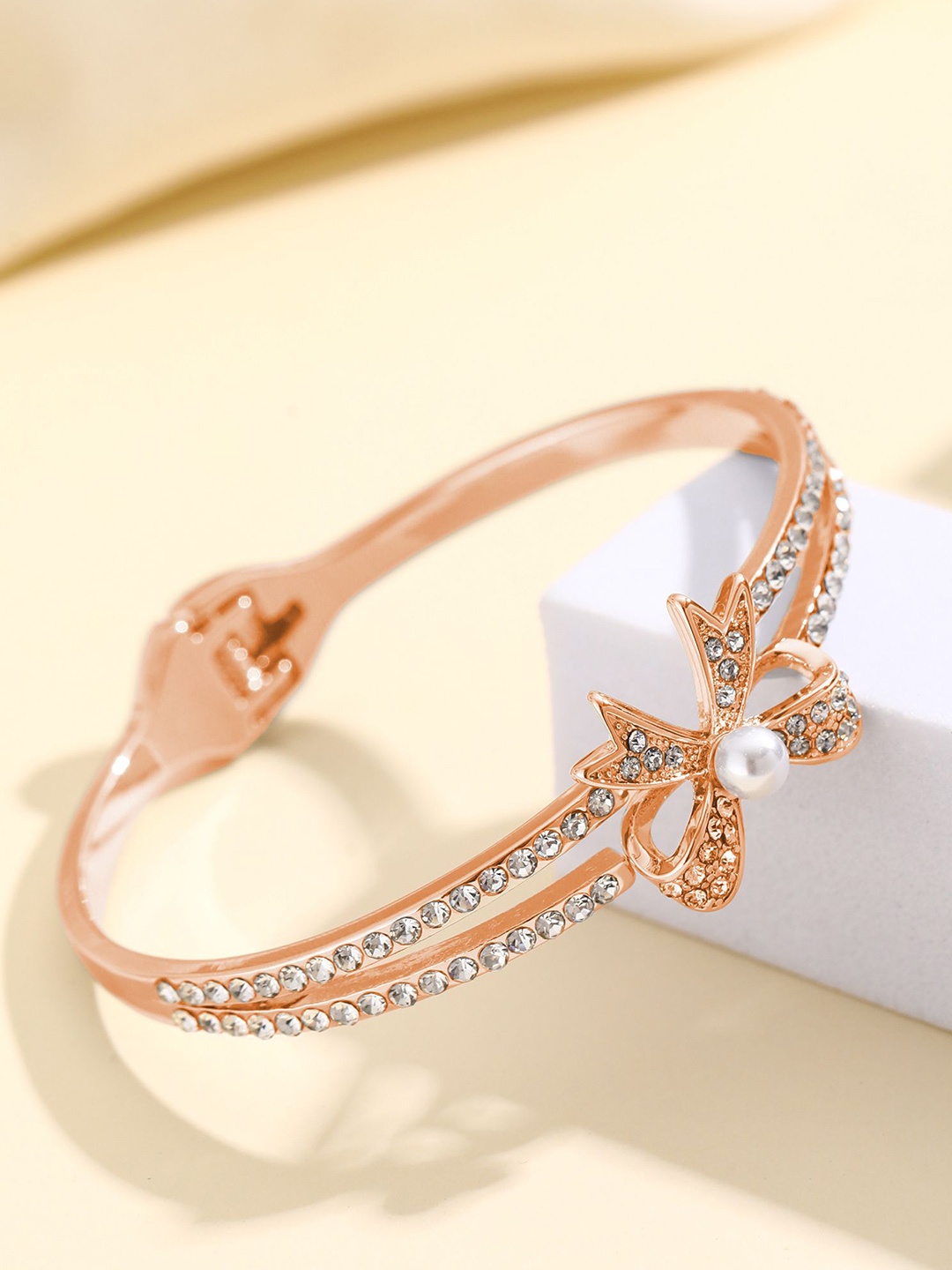 

Shining Diva Fashion Rose Gold-Plated Crystals And Stones Studded Bangle-Style Bracelet