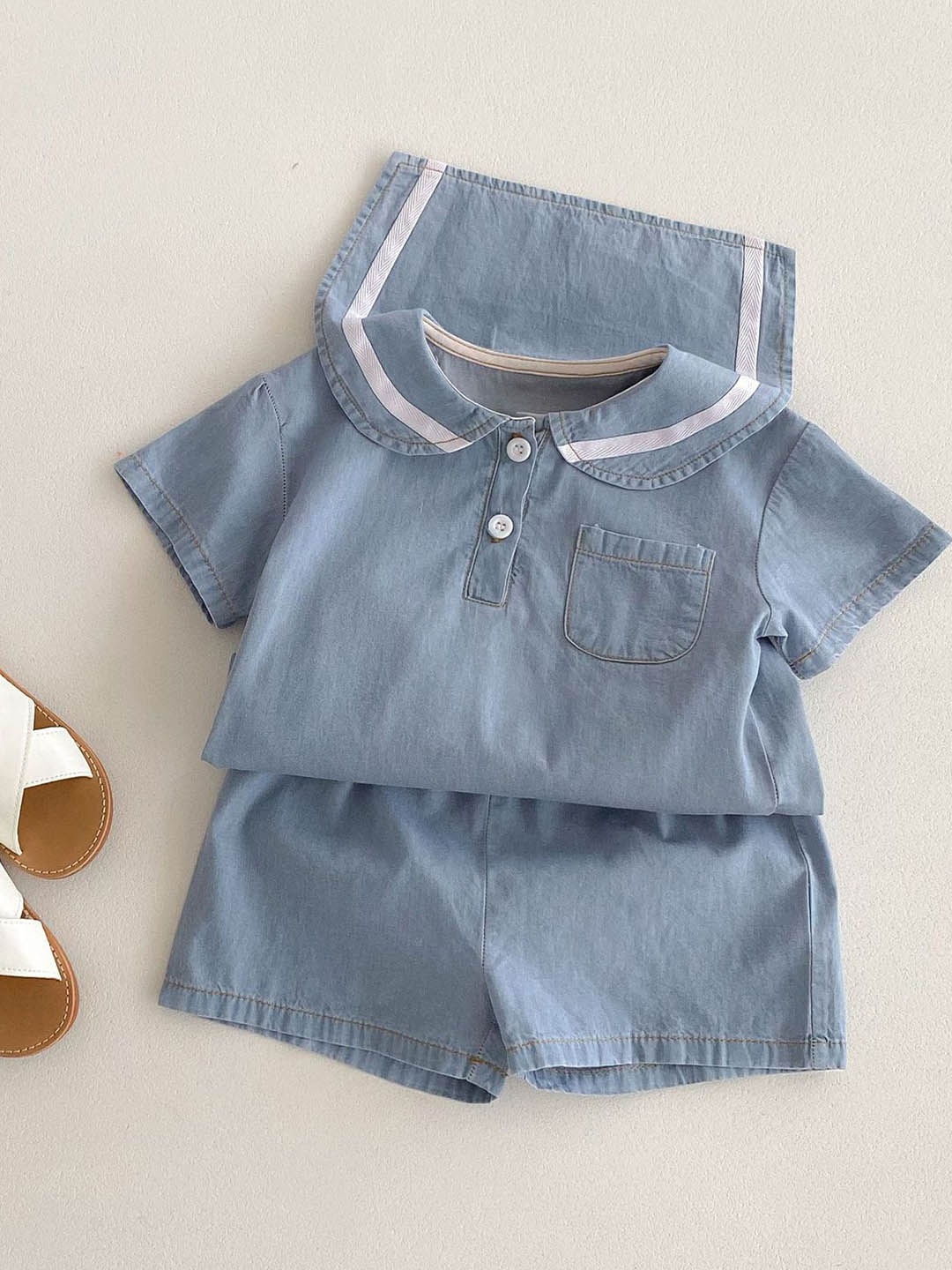 

LULU & SKY Kids Pure Cotton Peter Pan Collar Top With Shorts, Blue