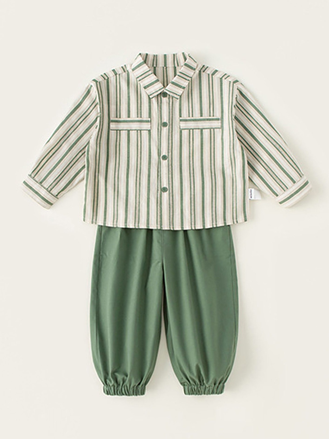 

LULU & SKY Boys Striped Pure Cotton Shirt With Joggers, Green