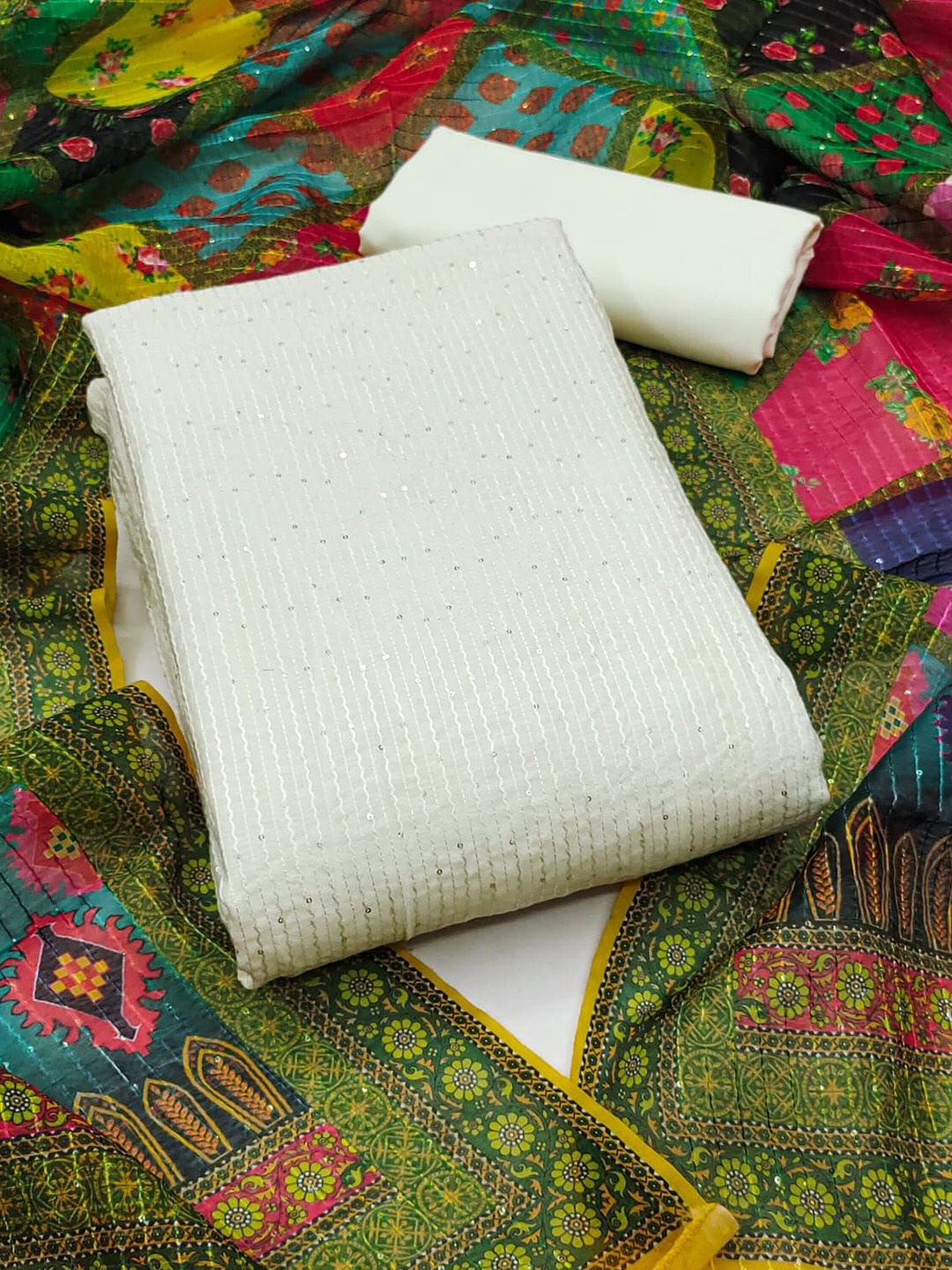 

BlissFlair Striped Embroidered Sequinned Chanderi Cotton Unstitched Dress Material, White