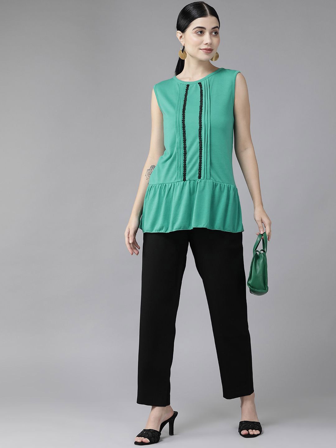 

CORSICA Women Solid Round Neck Sleeveless Peplum Top, Green