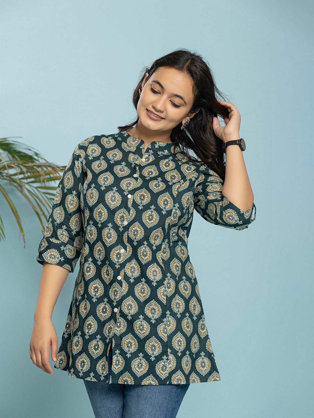 

INDYES Ethnic Motifs Printed Pure Cotton Kurti, Green