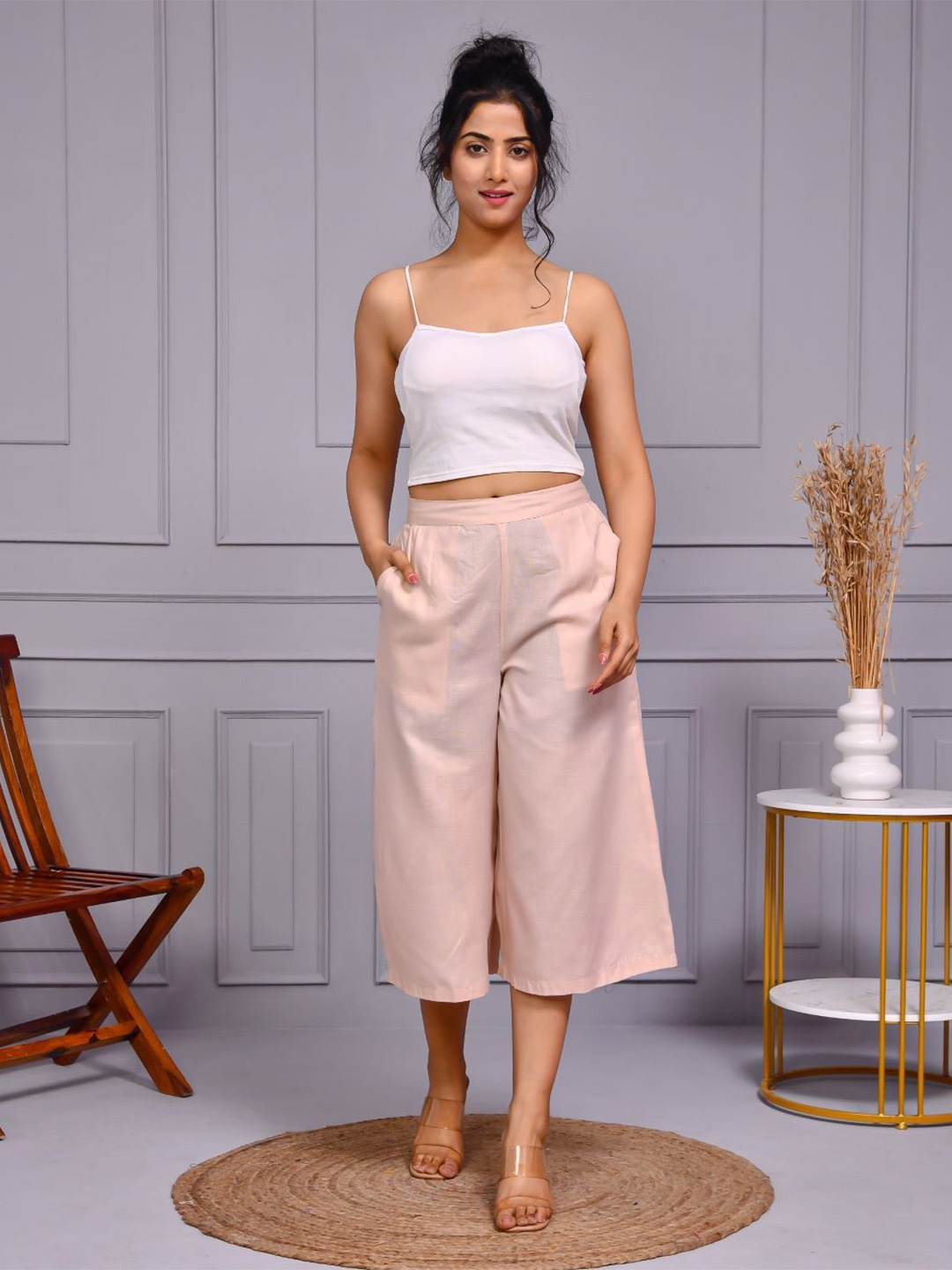 

Aspriya Women Chambray Cropped Palazzos, Pink