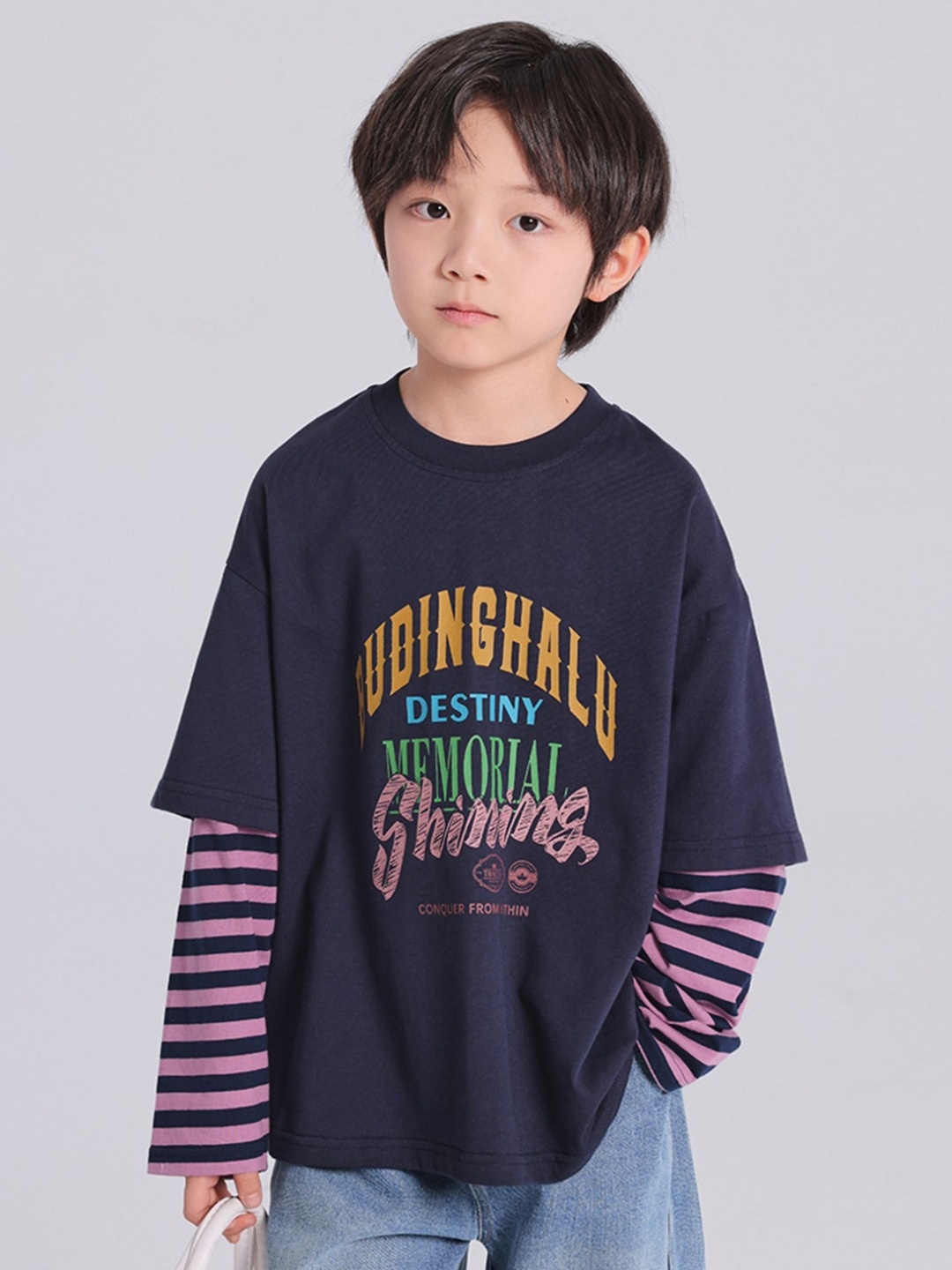 

LULU & SKY Boys Typography Printed Round Neck Cotton Boxy T-shirt, Navy blue