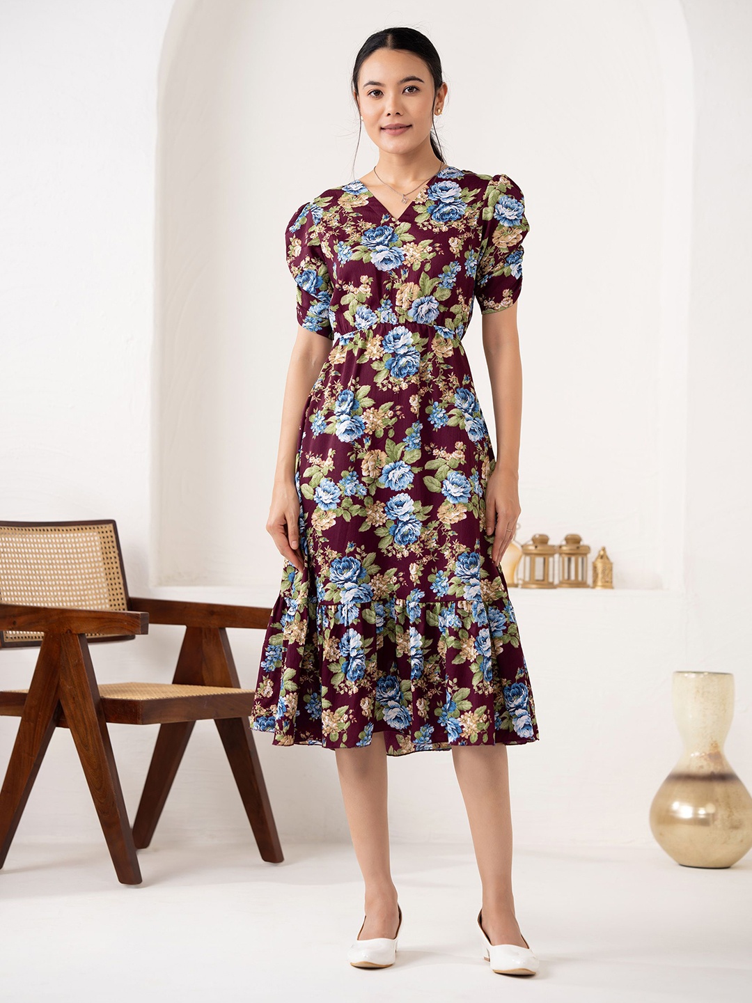 

DressBerry Women Floral Print V-Neck Puff Sleeve Fit & Flare Midi Dress, Purple
