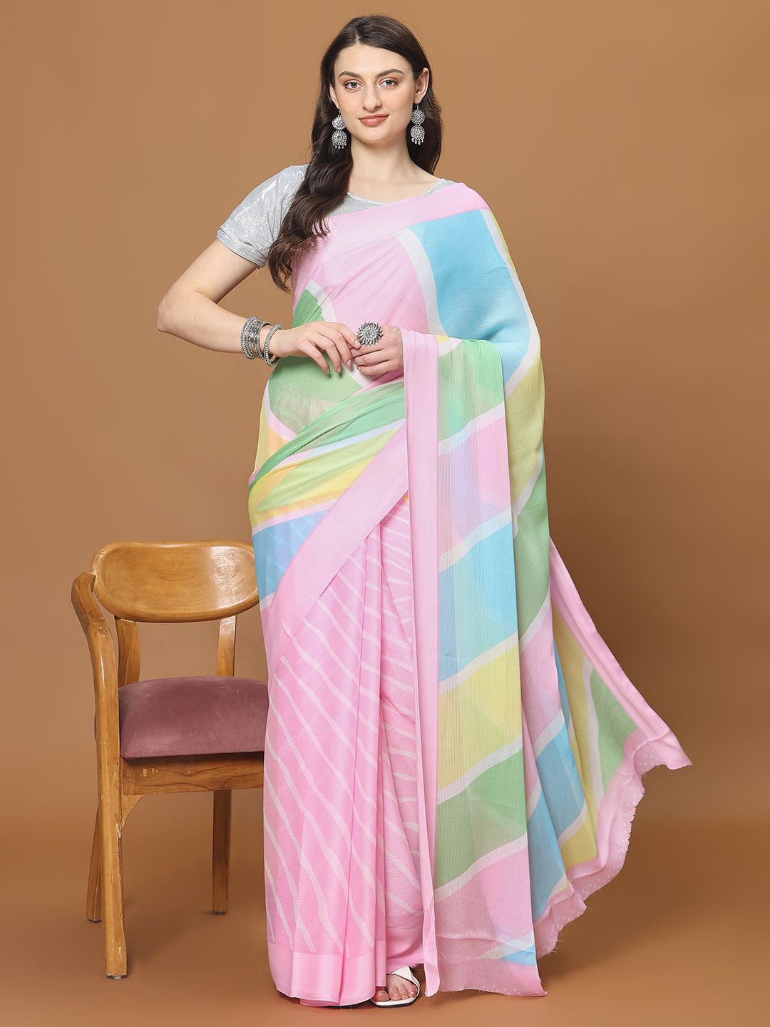 

Meena Bazaar Poly Chiffon Saree, Pink