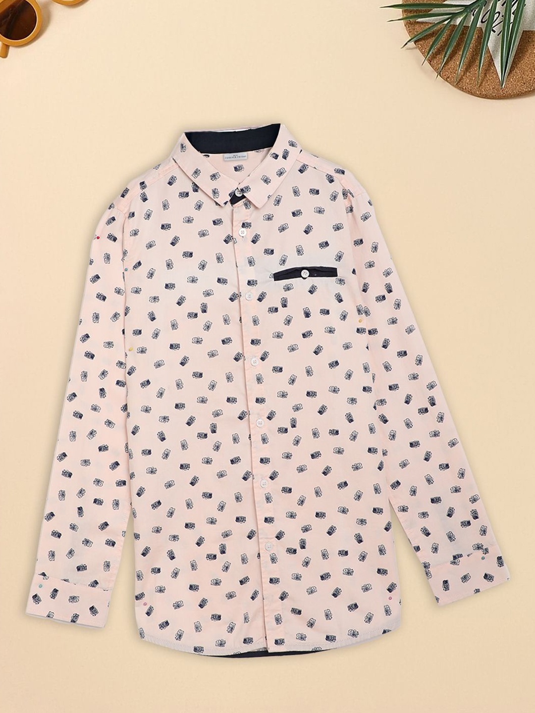 

FOREVER FRIDAY Boys Spread Collar Abstract Printed Cotton Casual Shirt, Beige