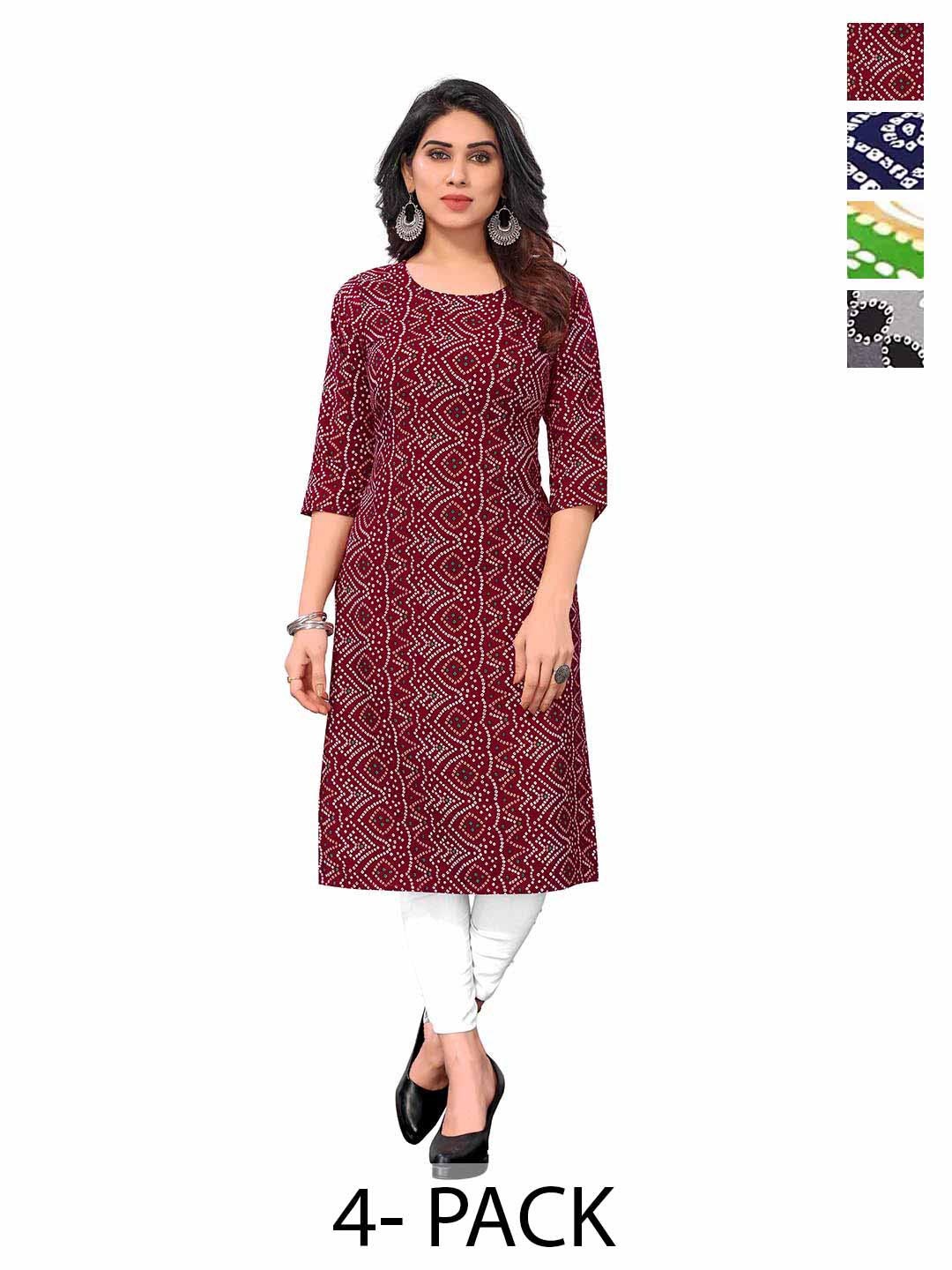 

KETAKI FASHION Selection Of 4 Bandhani Printed Round Neck Straight Kurtas, Maroon