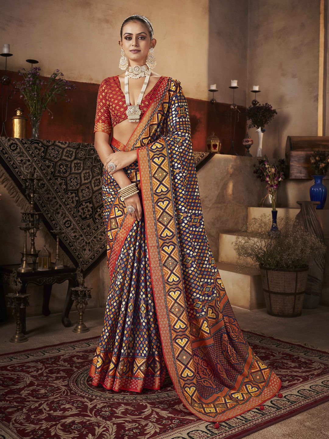 

Meena Bazaar Beads and Stones Art Silk Saree, Navy blue