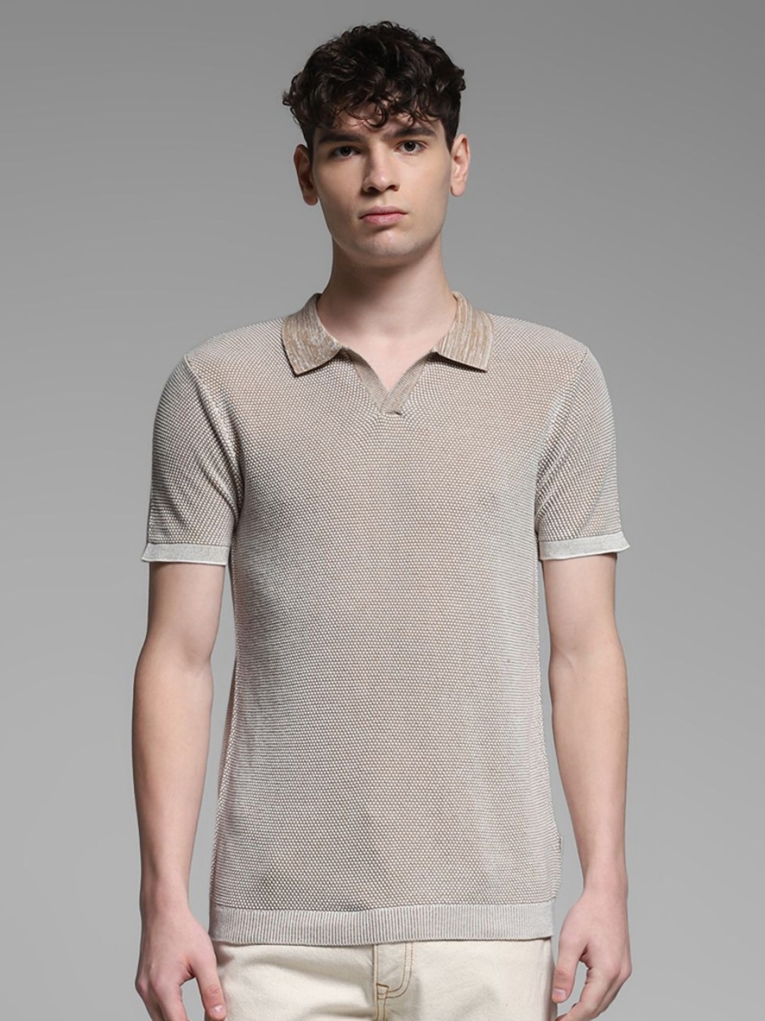 

Jack & Jones Men Self Design Polo Collar Cotton T-shirt, Beige