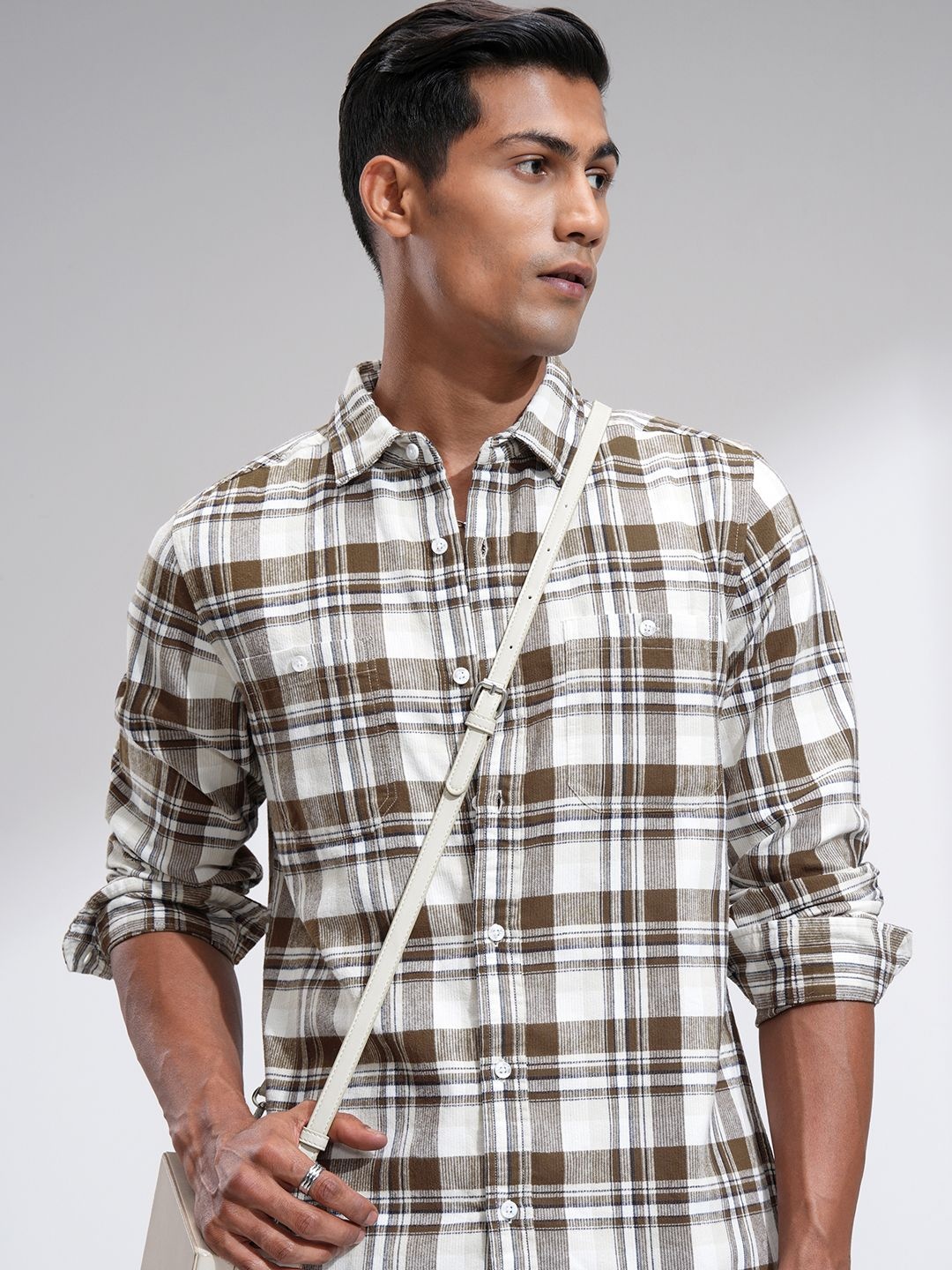 

HIGHLANDER Men Flannel Textured Checked Casual Shirt, Off white