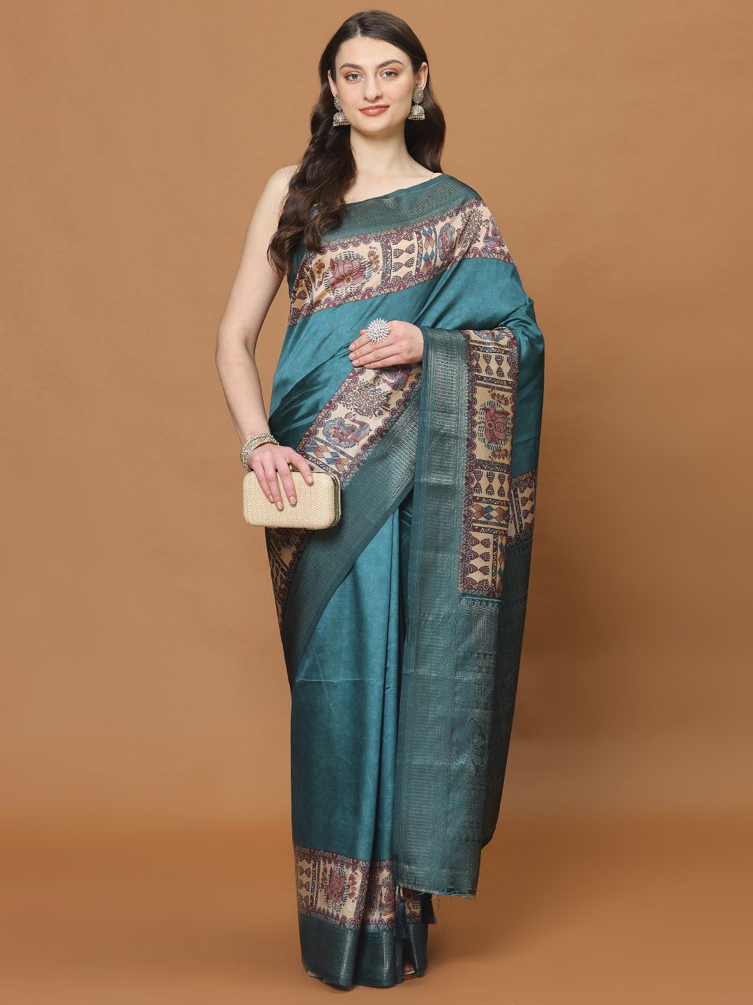 

Meena Bazaar Ethnic Motifs Printed Woven Design Zari Saree, Teal