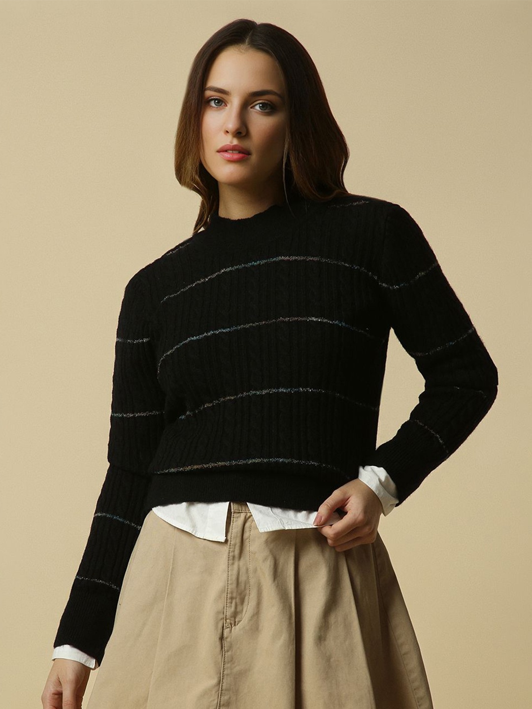 

Allen Solly Woman Women Striped Round Neck Pullover Sweater, Black
