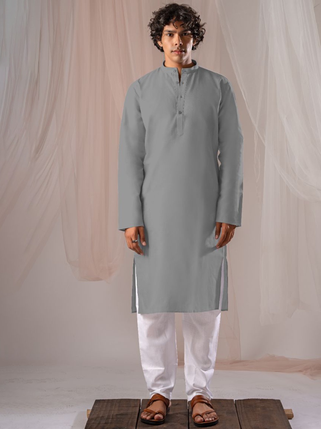 

5 Stitch Band Collar Straight Kurta With Pyjamas, Grey