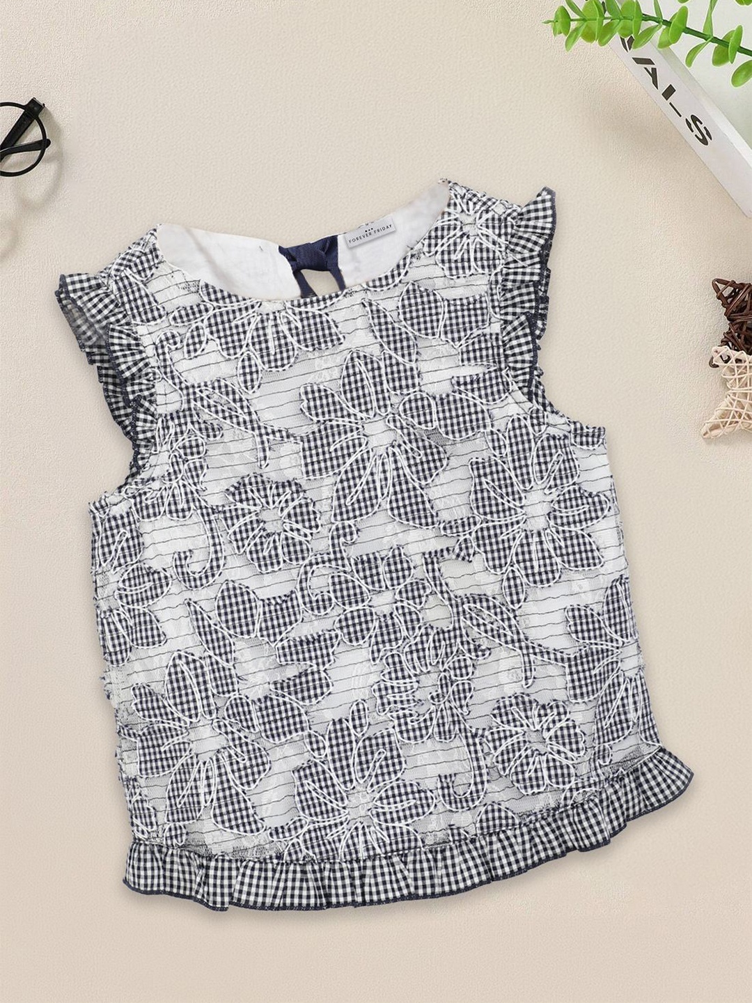 

FOREVER FRIDAY Girls Self Design Round Neck Top, Navy blue