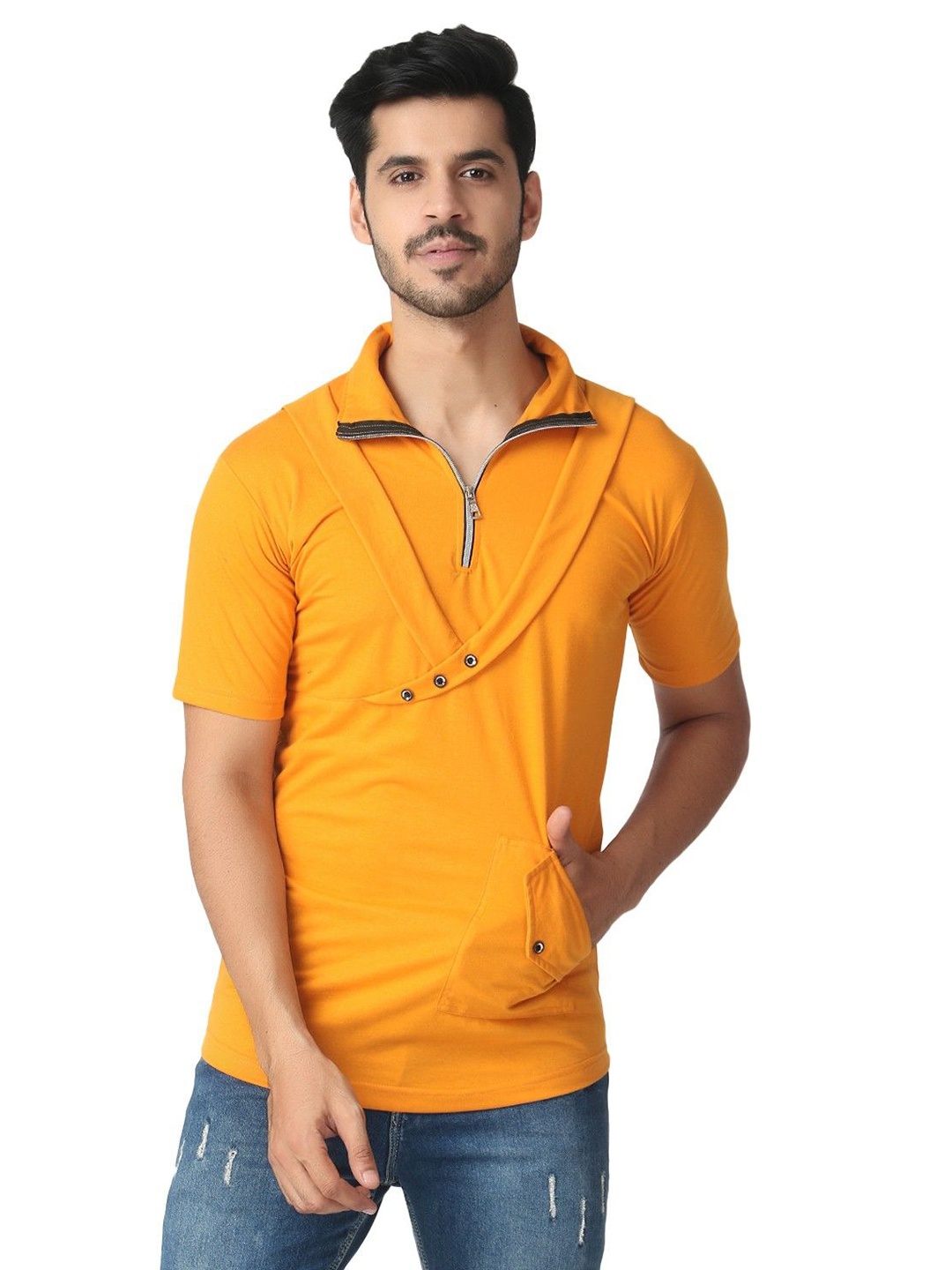 

Black Collection Men Solid High Neck Cotton T-shirt, Mustard