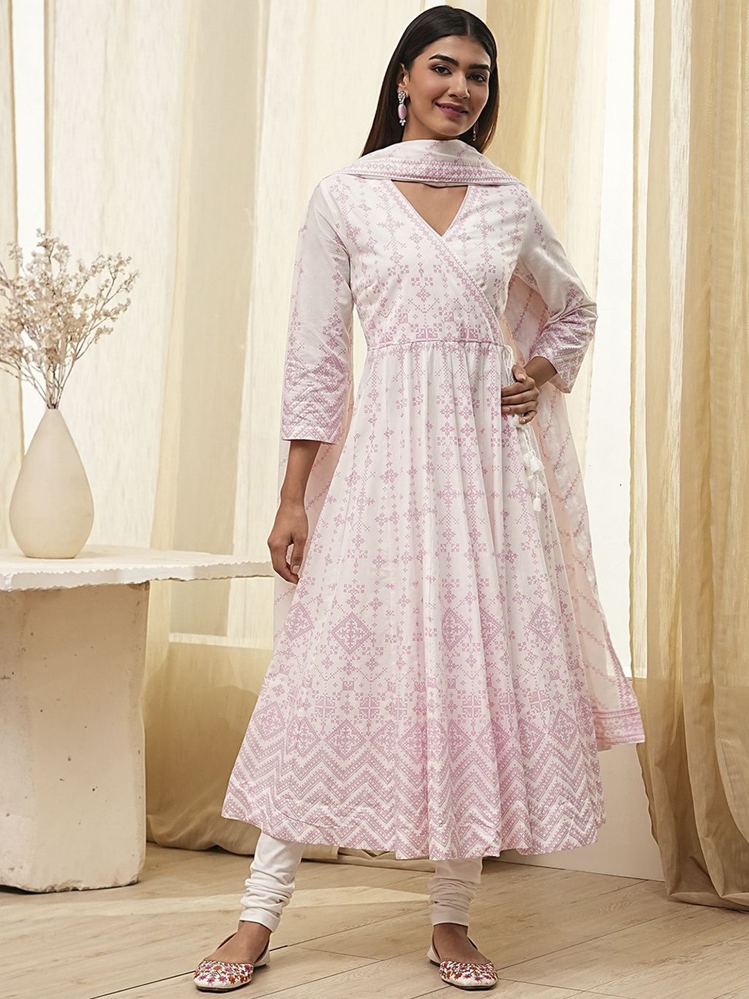 

Biba Geometric rinted V-Neck Pure Cotton Angrakha Kurta With Churidar And Dupatta, Pink