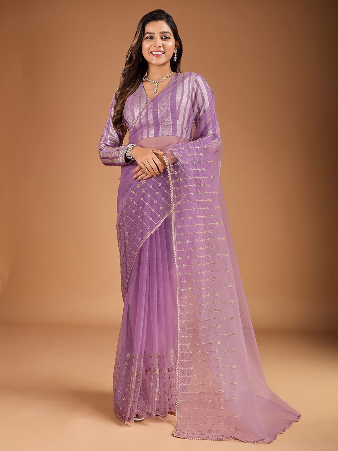 

House of Pataudi Embroidered Saree with Blouse, Lavender